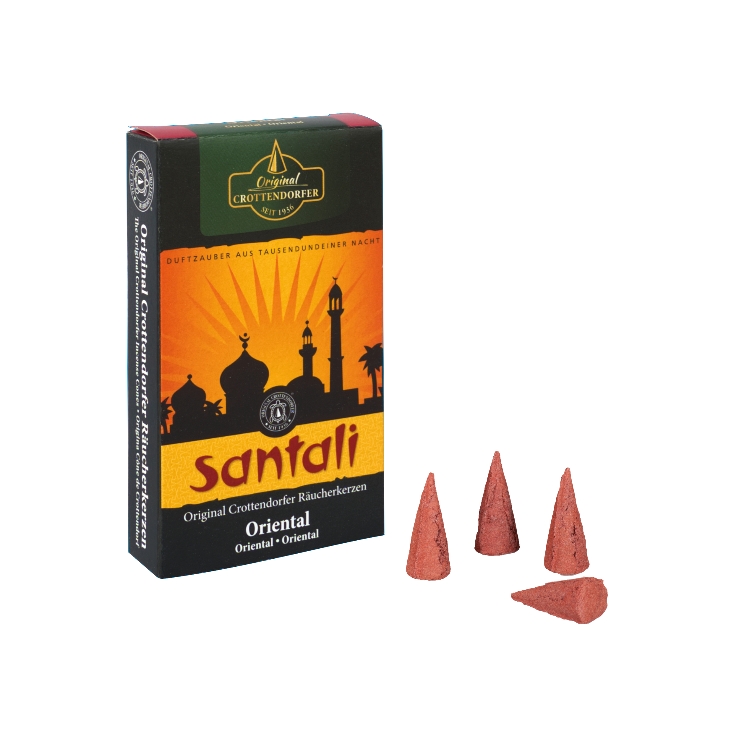 Eine Schachtel mit Original Crottendorfer Räucherkerzen Oriental – Räucherkegel, auf denen die Silhouette einer Moschee vor einem orangefarbenen Sonnenuntergang abgebildet ist, davor sind vier Räucherkegel angeordnet.