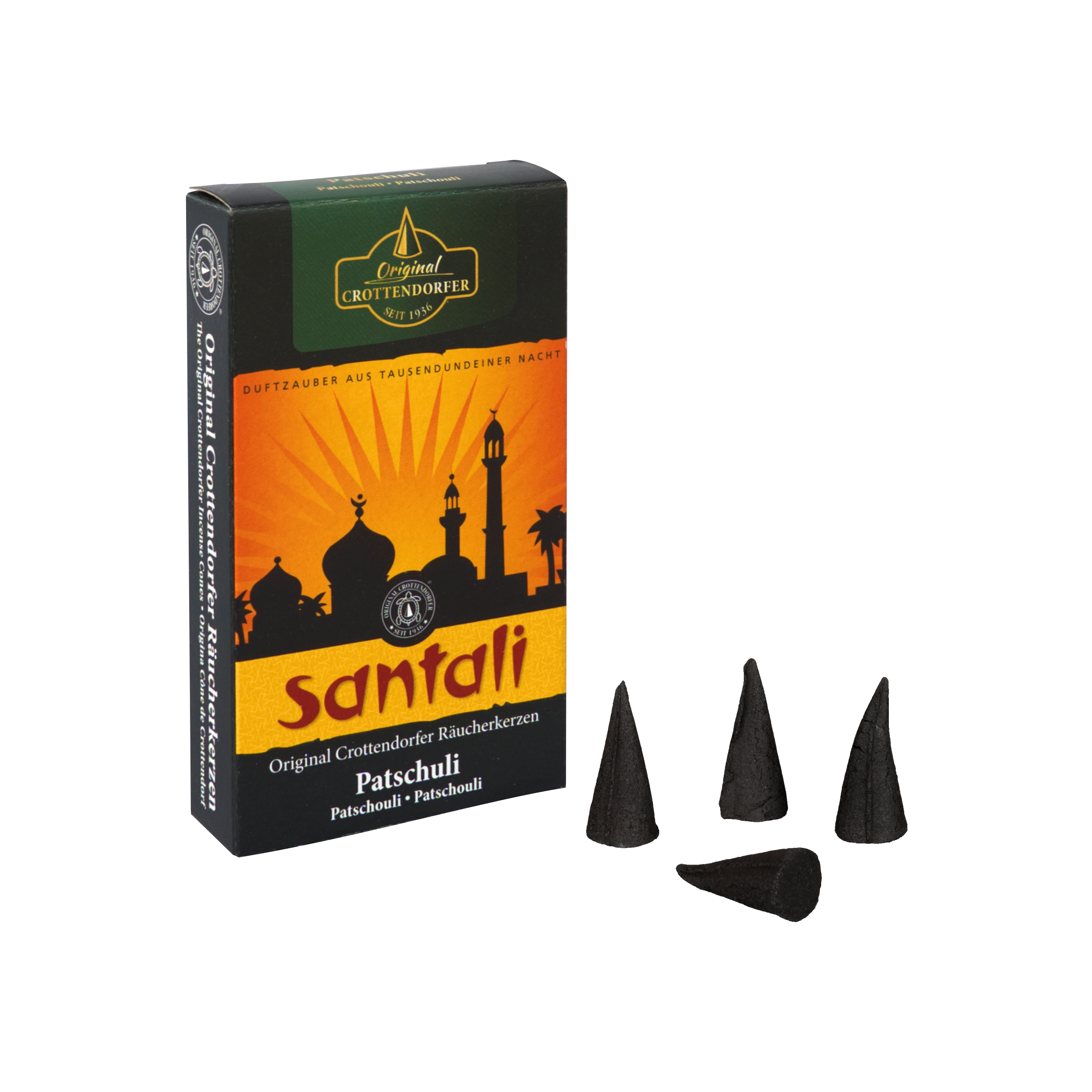 Eine Schachtel Original Crottendorfer Räucherkerzen Patschuli, mit einem orange-schwarzen Design, das orientalische Architektursilhouetten zeigt. Vier schwarze Räucherkegel für aphrodisierende Wirkung sind neben der Packung platziert.