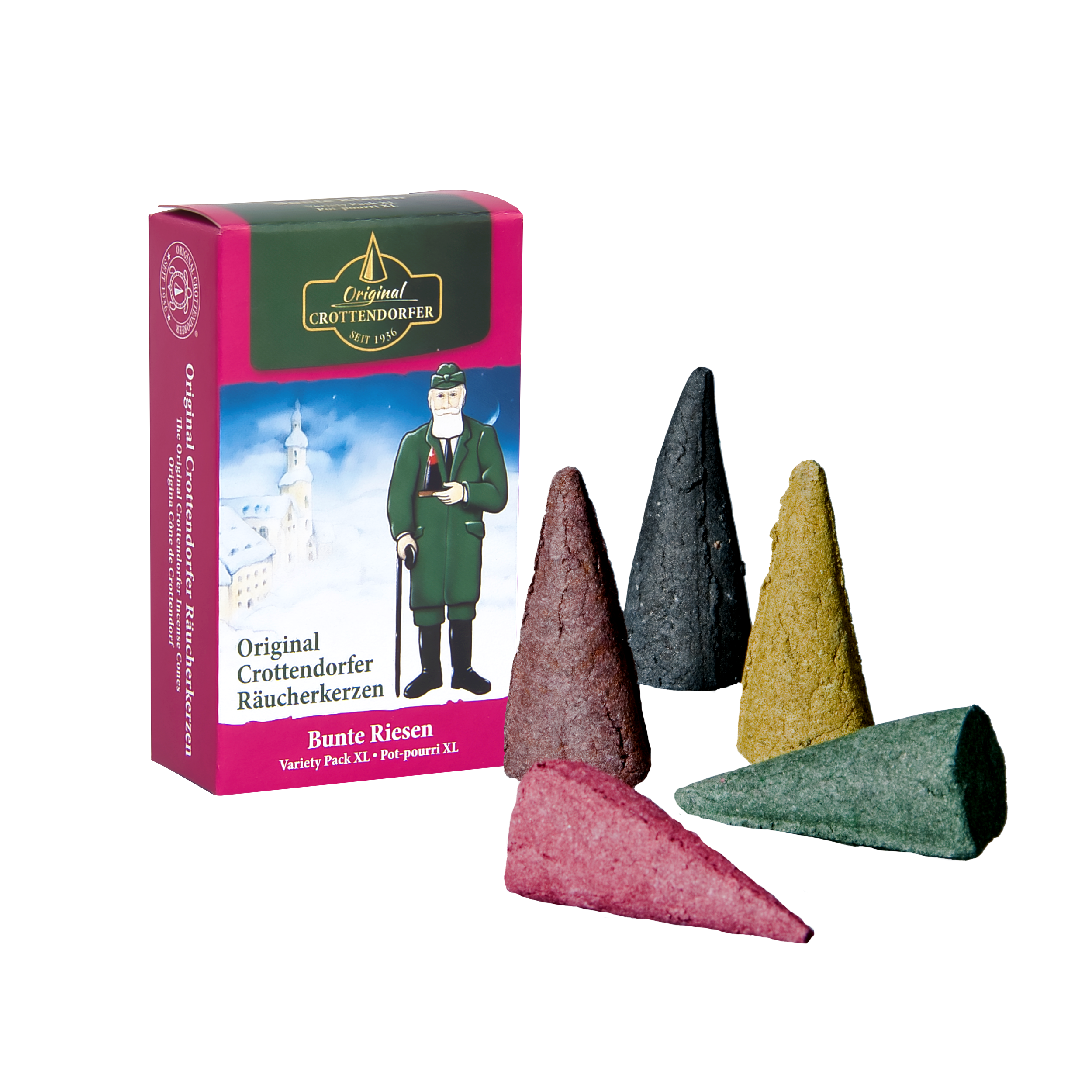 Eine Schachtel „Räucherkerzen Bunte Riesen“ von Original Crottendorfer Räucherkerzen enthält XL-Räucherkegel wie Tannenduft und Weihrauch, mit der Darstellung eines Mannes in traditioneller Kleidung vor verschneiter Kulisse. Dargestellt sind fünf bunte Zapfen.