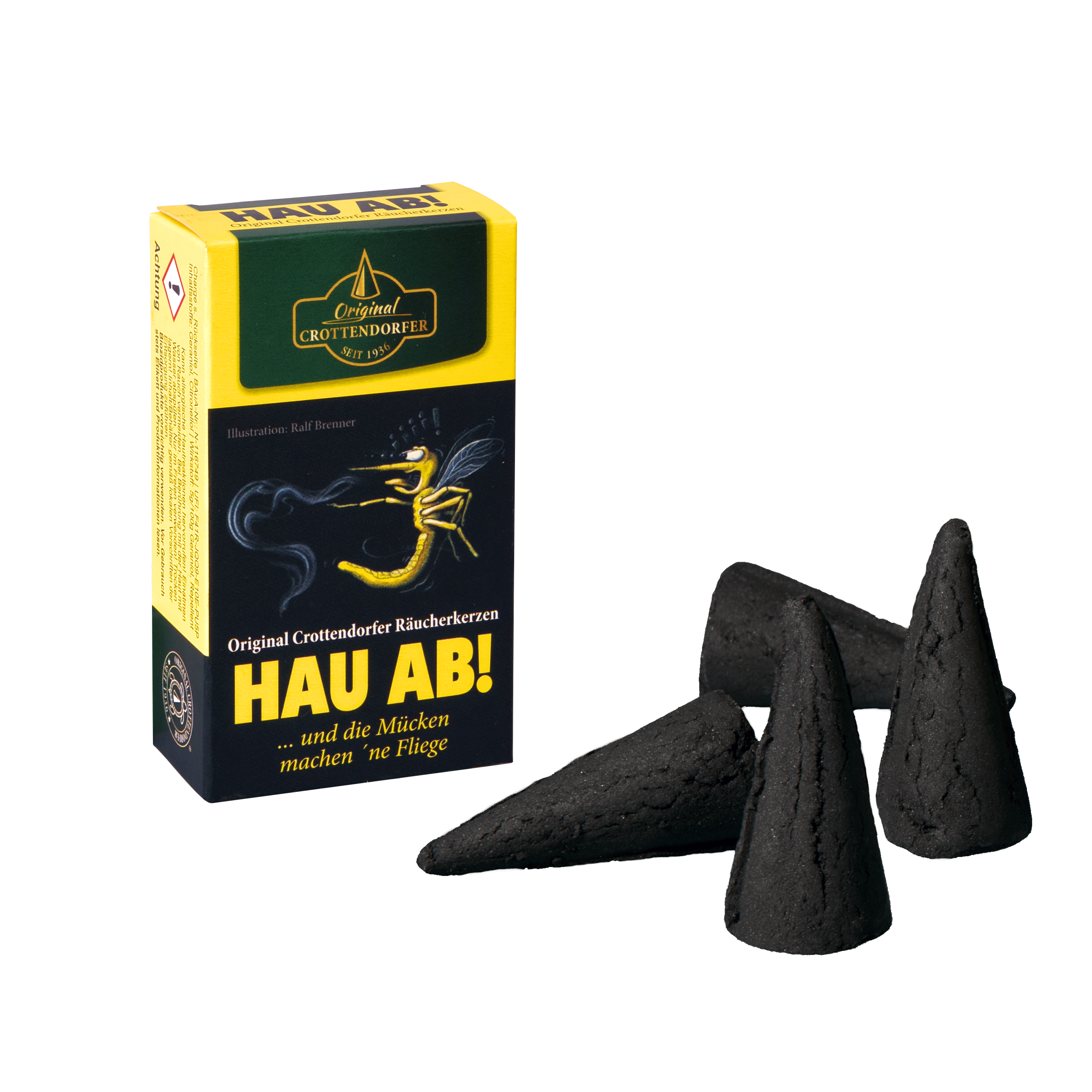 Neben vier schwarzen Räucherkegeln auf weißem Hintergrund ist eine gelb-schwarze Schachtel mit der Aufschrift „Räucherkerzen HAU AB XL!“ von Original Crottendorfer Räucherkerzen abgebildet, auf der eine Mücke zu sehen ist. Diese Räucherkegel eignen sich perfekt für einen wirksamen Mückenschutz und verbreiten einen blumigen Duft, während sie lästige Mücken fernhalten.