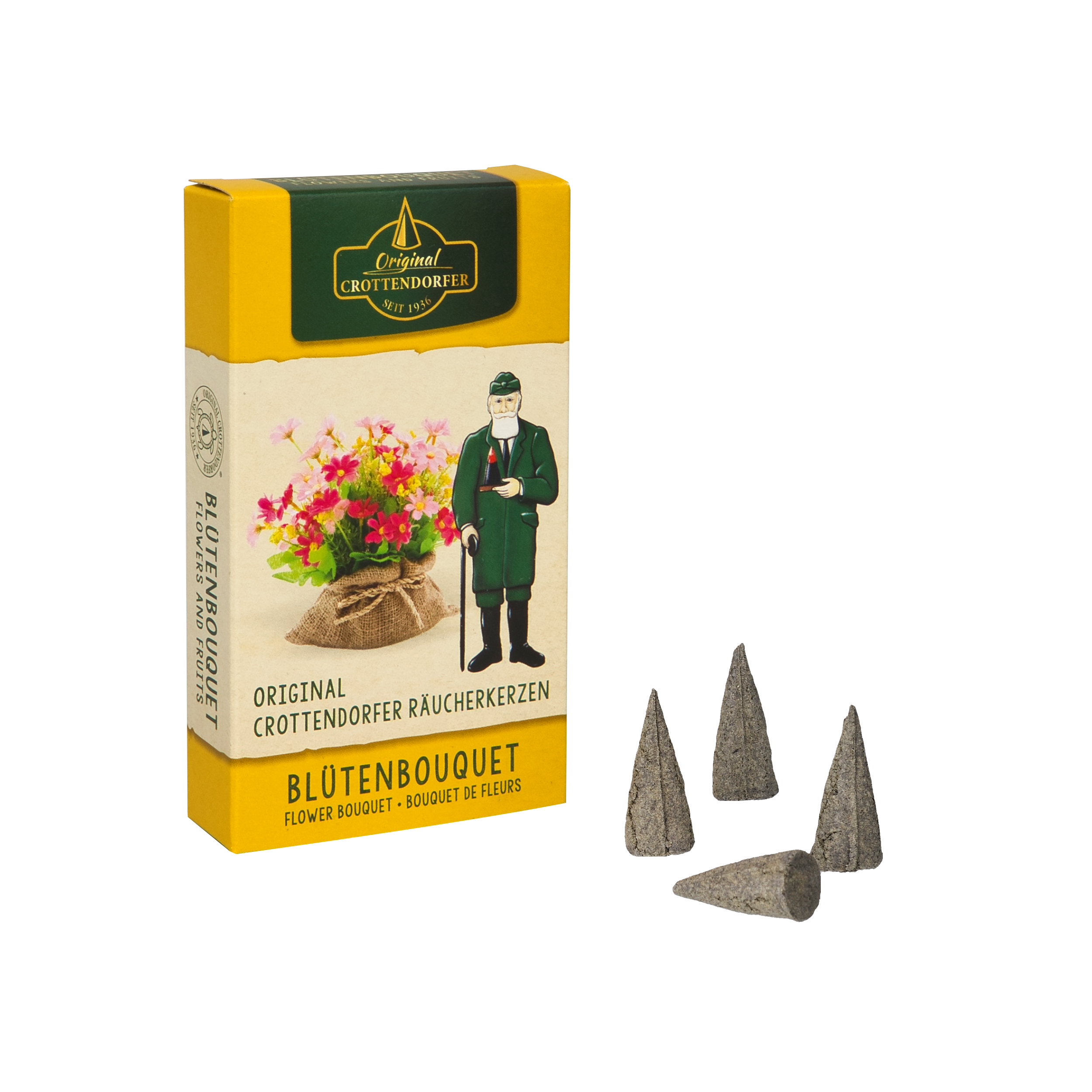 Eine gelbe Schachtel mit dem Räucherkerzen Blütenbouquet von Original Crottendorfer Räucherkerzen steht neben vier Räucherkegeln auf weißem Grund, verziert mit einem Mann in grünem und floralem Design.
