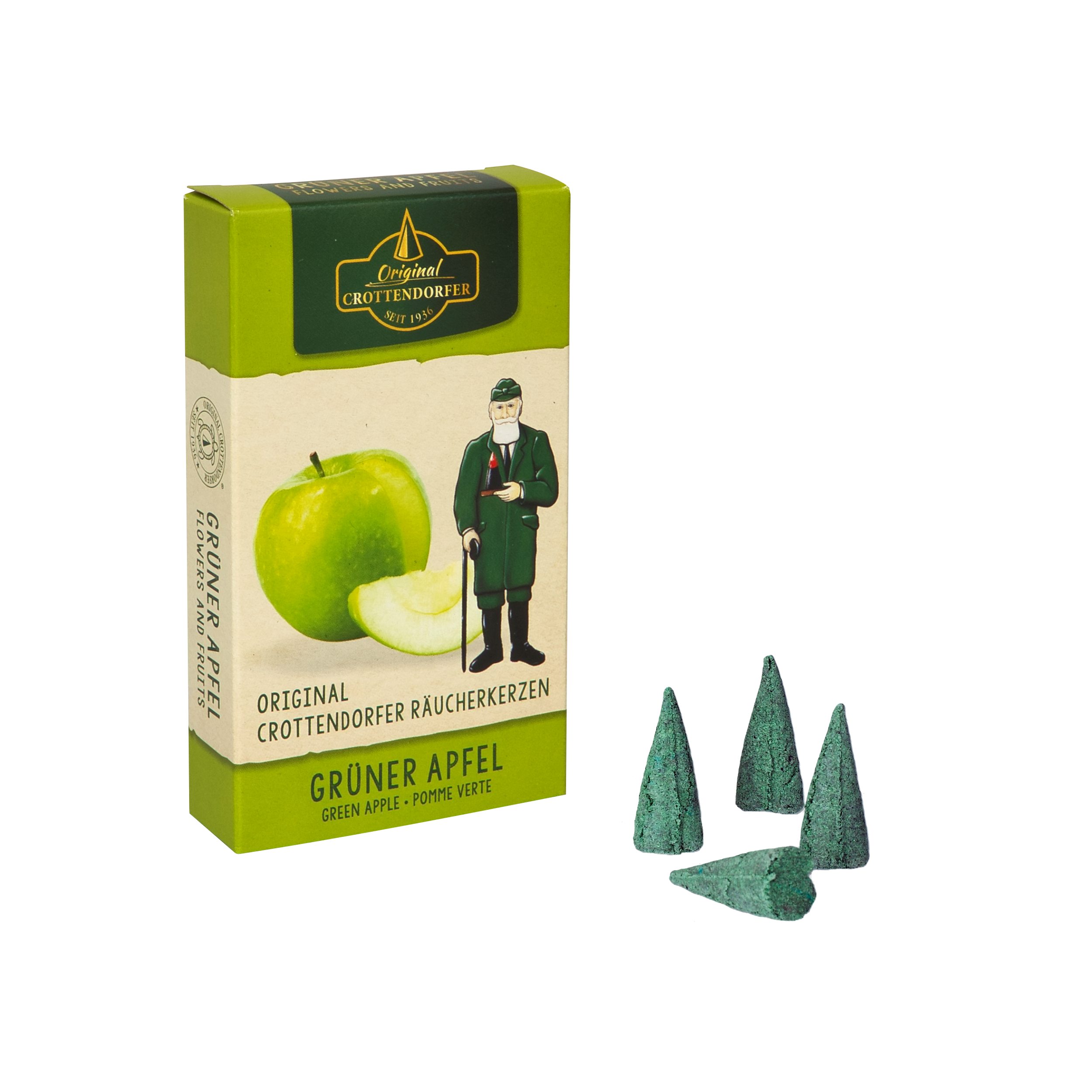 Eine grüne Schachtel Original Crottendorfer Räucherkerzen Grüner Apfel, auf der grüne Äpfel und ein Mann in Grün abgebildet sind, steht neben vier grünen kegelförmigen Räucherstäbchen auf weißem Grund, die einen frischen Apfelduft suggerieren.