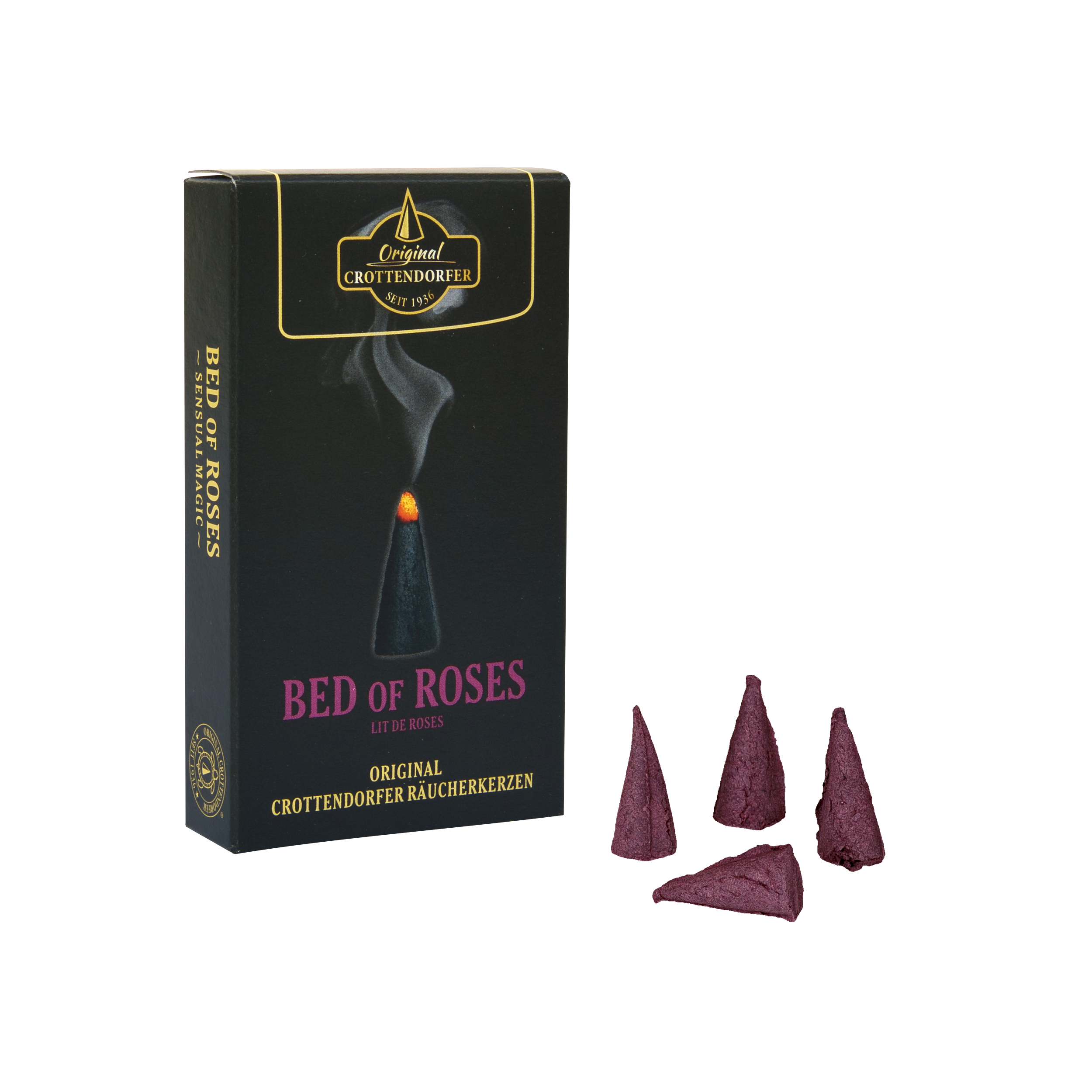 Eine Schachtel mit der Aufschrift „Räucherkerzen Bed of Roses“ von Original Crottendorfer Räucherkerzen steht aufrecht neben vier violetten Räucherkegeln vor einem weißen Hintergrund. Auf der Verpackung ist ein einzelner brennender Räucherkegel zu sehen, aus dem Rauch aufsteigt, was den zarten Duft von Rosen, vermischt mit einem Hauch von Moschus, heraufbeschwört.