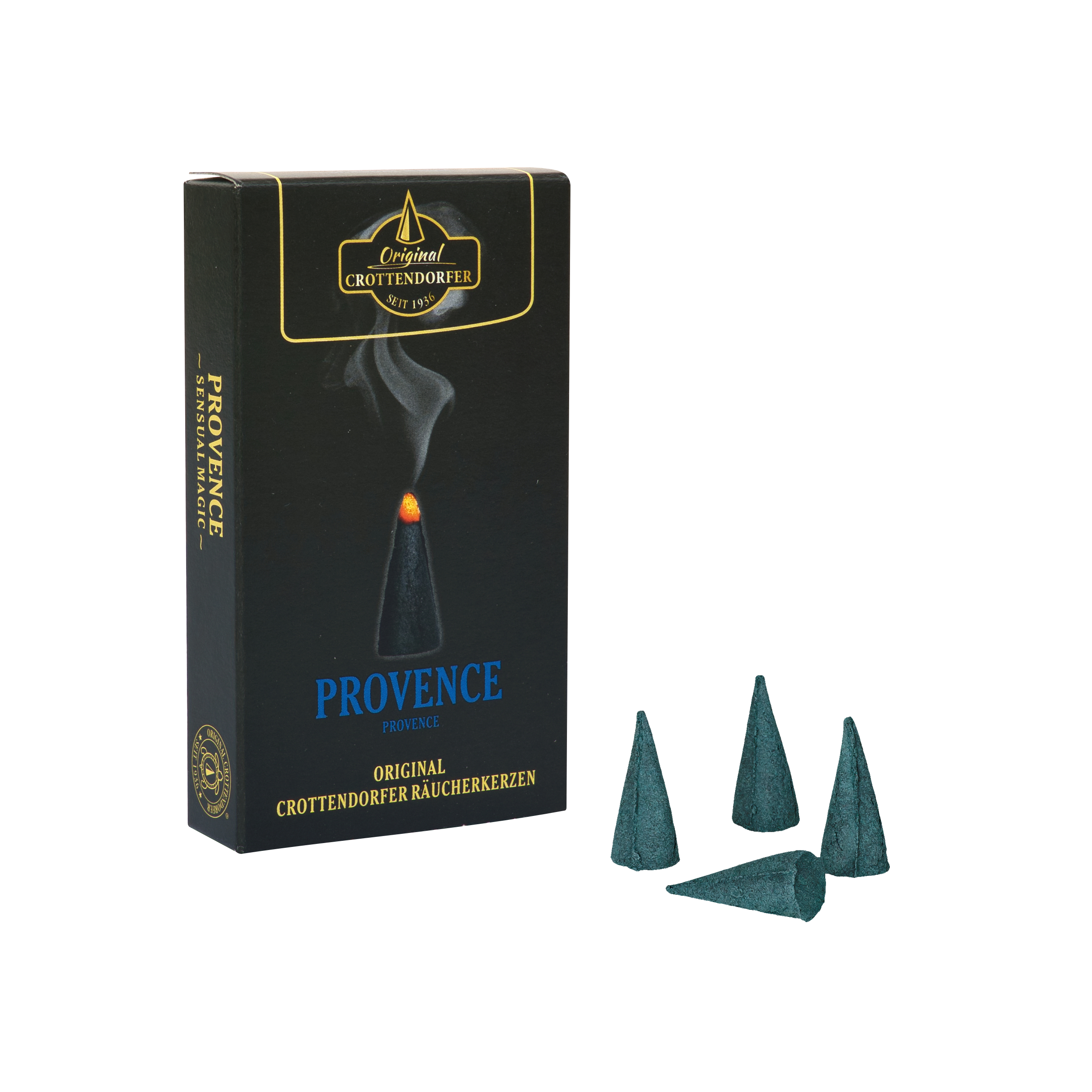 Eine Schachtel mit der Aufschrift „Räucherkerzen Provence“ von Original Crottendorfer Räucherkerzen steht aufrecht neben vier dunkelblauen Räucherkegeln – einer liegt flach, drei stehen aufrecht – auf weißem Hintergrund; jeder verströmt einen romantischen Duft, der von Gartennelke und französischem Honig inspiriert ist.