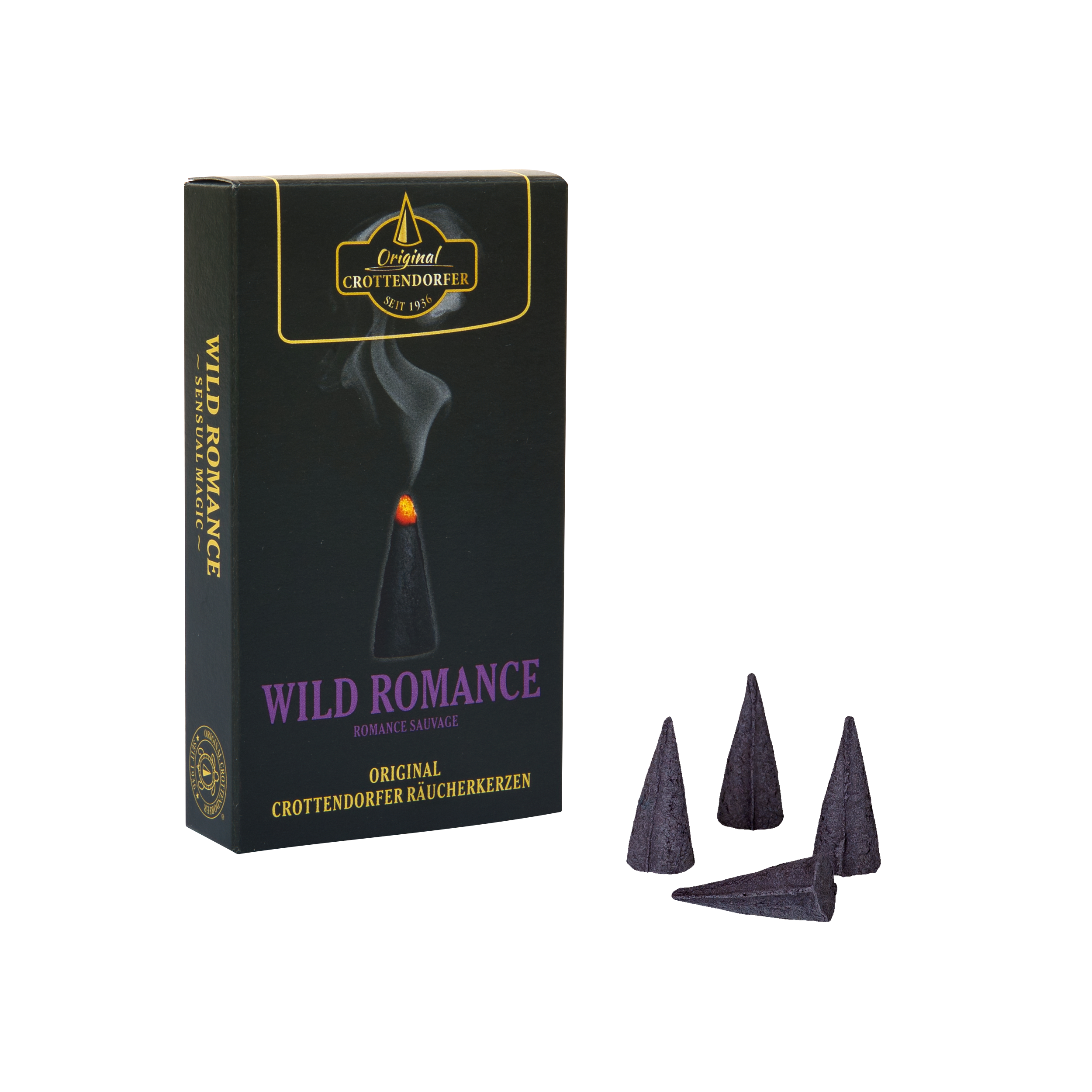 Eine Schachtel mit der Aufschrift „Räucherkerzen Wild Romance“ von Original Crottendorfer Räucherkerzen, auf der ein glimmender Räucherkegel neben vier violetten Räucherkegeln vor weißem Hintergrund abgebildet ist, erinnert an den verführerischen Duft von „Frische Feigen und Weihrauch“ und zaubert die bezaubernden Düfte des Mittelmeerraums herbei.