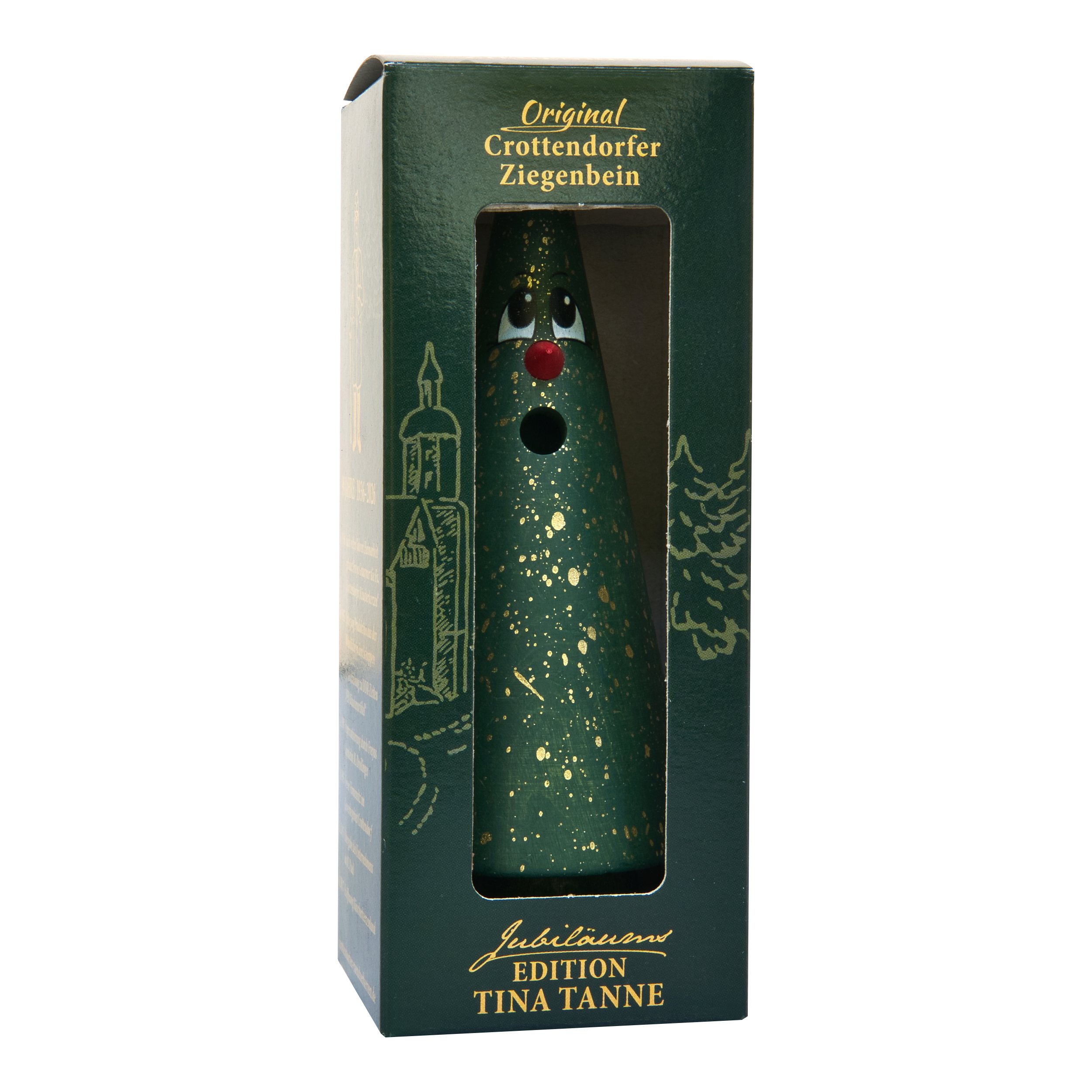 Ein grüner, kegelförmiger Räucherkopf mit goldenen Sprenkeln, roter Nase und Augen, verpackt in einer grünen Schachtel mit der Aufschrift „Crottendorfer Ziegenbein – Jubiläumsausgabe 90 Jahre Tina Tanne“ von Original Crottendorfer Räucherkerzen, als Hommage an die Erzgebirgstradition.