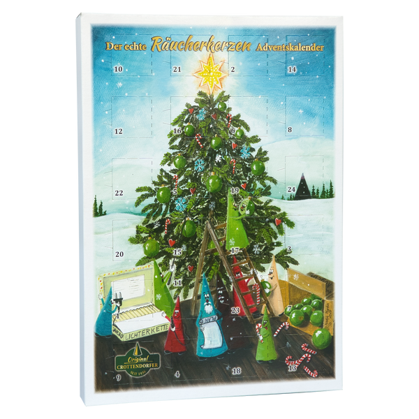 Der Räucherkerzen-Adventskalender - Hochformat von Original Crottendorfer Räucherkerzen zeigt einen Weihnachtsbaum unter einem leuchtenden Stern, umgeben von Geschenken und Ornamenten in einer verschneiten Szenerie, mit nummerierten Türchen für den täglichen Genuss.