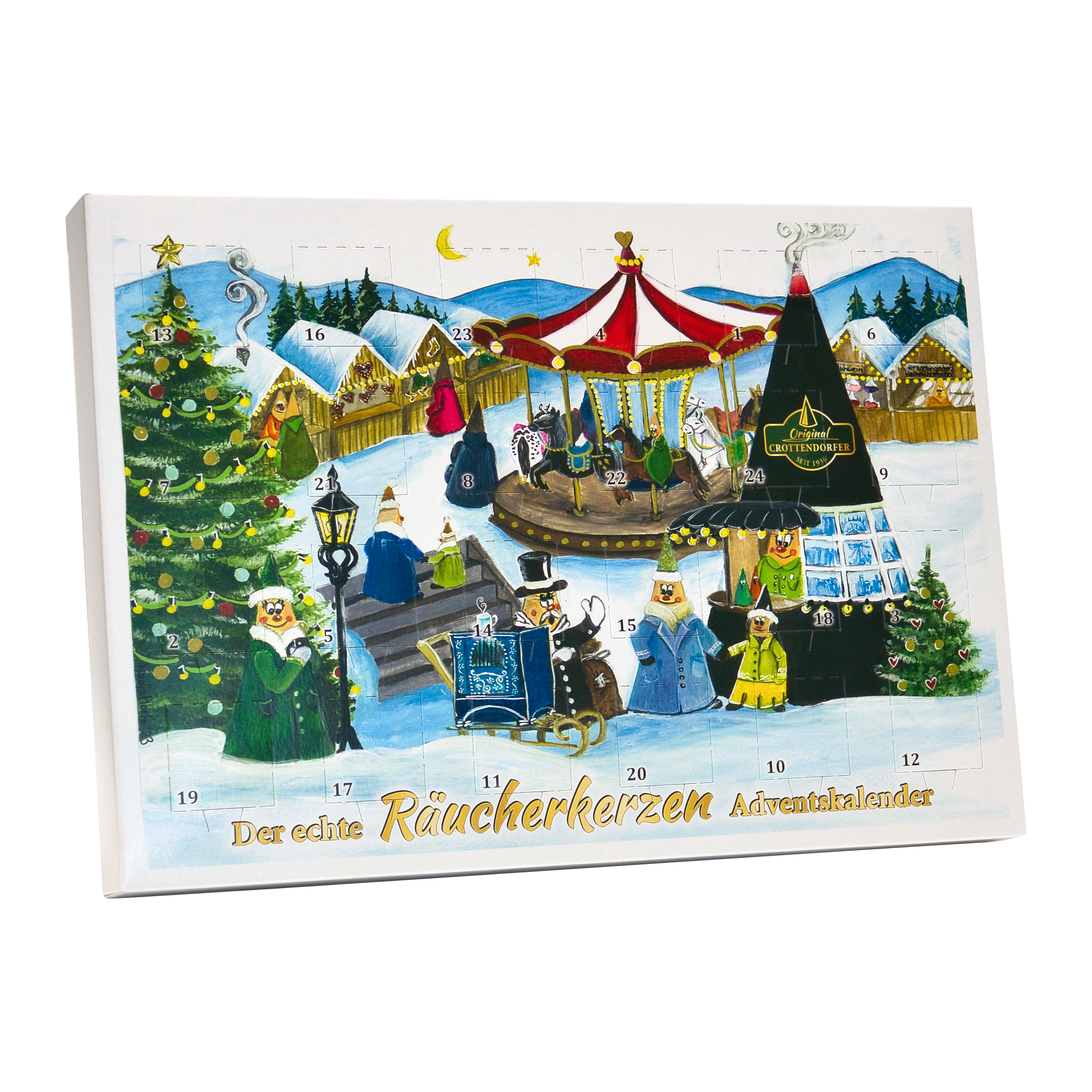 Der Räucherkerzen Adventskalender - Querformat von Original Crottendorfer Räucherkerzen zeigt eine Winterszene mit Weihnachtsbaum, Familien auf einem Karussell und Bergkulisse. Nummerierter Countdown bis Weihnachten mit entzückenden Düften, beschriftet mit „Der echte Räucherkerzen Adventskalender“.