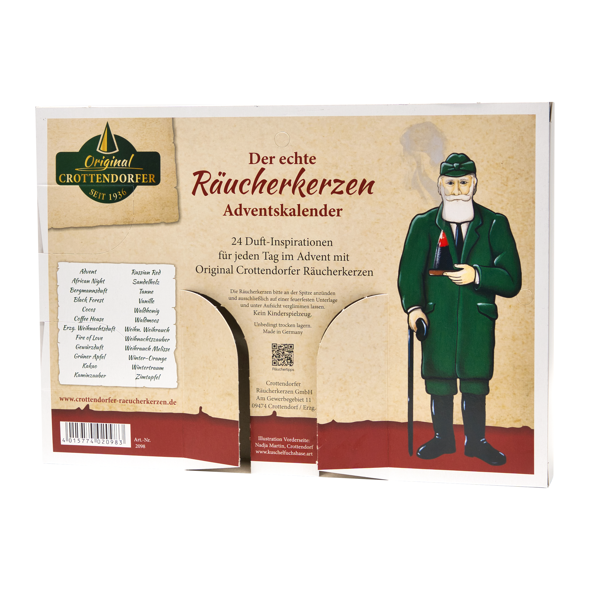 Der „Räucherkerzen Adventskalender – Querformat“ von Original Crottendorfer Räucherkerzen zeigt einen Mann im grünen Mantel mit Pfeife und lädt Familien ein, 24 einzigartige Düfte zu genießen, die Ihr Zuhause täglich mit festlicher Freude erfüllen.