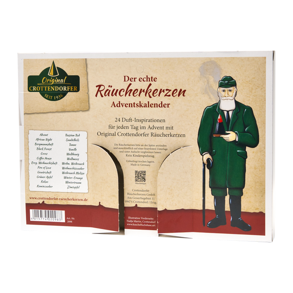 Der „Räucherkerzen Adventskalender – Querformat“ von Original Crottendorfer Räucherkerzen zeigt einen Mann im grünen Mantel mit Pfeife und lädt Familien ein, 24 einzigartige Düfte zu genießen, die Ihr Zuhause täglich mit festlicher Freude erfüllen.
