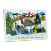 Der Räucherkerzen Adventskalender - Querformat von Original Crottendorfer Räucherkerzen zeigt eine Winterszene mit Weihnachtsbaum, Familien auf einem Karussell und Bergkulisse. Nummerierter Countdown bis Weihnachten mit entzückenden Düften, beschriftet mit „Der echte Räucherkerzen Adventskalender“.