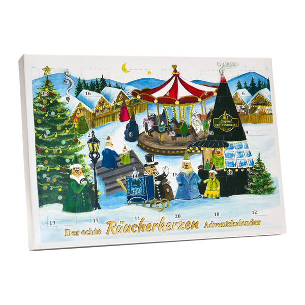 Der Räucherkerzen Adventskalender - Querformat von Original Crottendorfer Räucherkerzen zeigt eine Winterszene mit Weihnachtsbaum, Familien auf einem Karussell und Bergkulisse. Nummerierter Countdown bis Weihnachten mit entzückenden Düften, beschriftet mit „Der echte Räucherkerzen Adventskalender“.