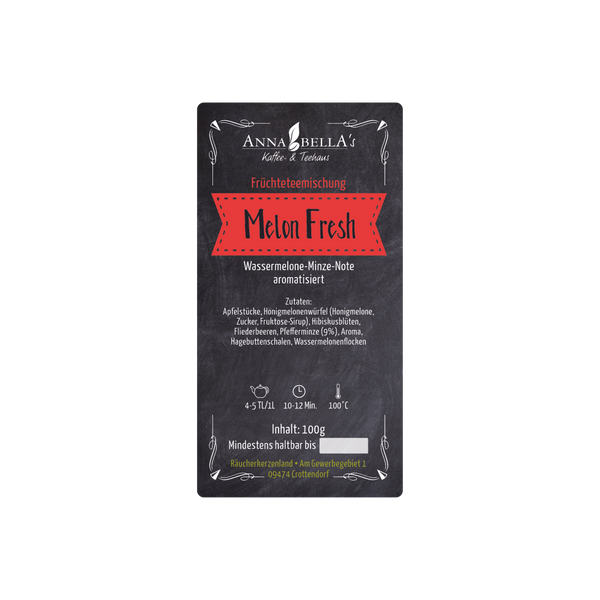 Eine Früchtetee-Packung mit der Aufschrift Original Crottendorfer Früchteteemischung "Melon Fresh" mit roten und weißen Akzenten. Dieser erfrischender Sommertee hat den Geschmack von Wassermelone und Minze und enthält Angaben zu den Zutaten und der Zubereitung in deutscher Sprache.