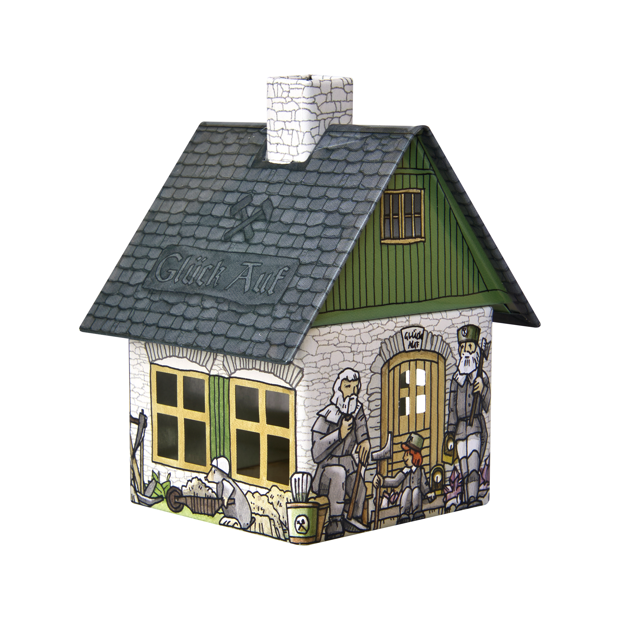 Das Räucherhäuschen „Huthaus“ von Original Crottendorfer Räucherkerzen ist ein dekoratives Keramikhäuschen mit einem grauen Dach, auf dem „Glück Auf“ steht, grünen oberen Wänden und Seitenwänden, die mit abgebildeten Bergleuten verziert sind. Es wurde als Räucherkerzenhalter entworfen und besticht durch charmante metallische Akzente, die von traditioneller Metallkunst inspiriert sind.