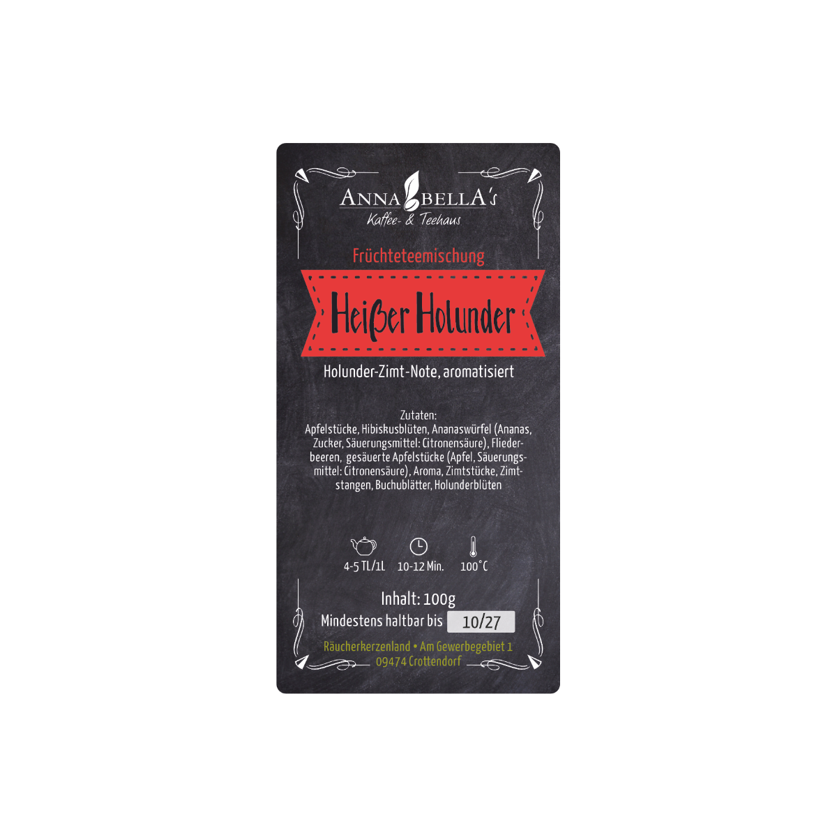 Eine Packung der Früchteteemischung „Heißer Holunder“ von Original Crottendorfer mit Angaben zu den Zutaten und einer Zubereitungsanleitung, auf deren Vorderseite roter und weißer Text zu sehen ist – ideal, um einen winterlichen Früchtetee zu genießen.