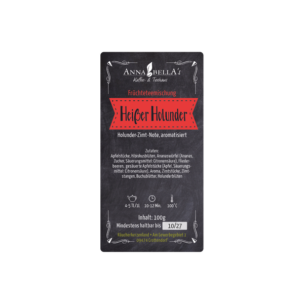 Eine Packung der Früchteteemischung „Heißer Holunder“ von Original Crottendorfer mit Angaben zu den Zutaten und einer Zubereitungsanleitung, auf deren Vorderseite roter und weißer Text zu sehen ist – ideal, um einen winterlichen Früchtetee zu genießen.