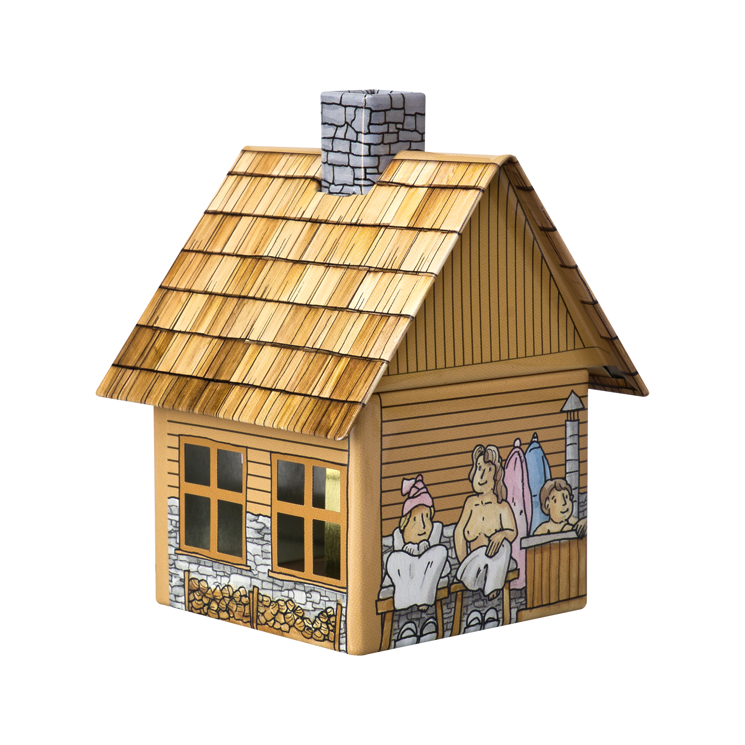 Das Original Crottendorfer Räucherkerzen-Räucherhäuschen „Sauna“ ist ein kleines, dekoratives Häuschen mit einem Schindeldach, einem Steinkamin, illustrierten Fenstern und einer Außenwand, die mit einer Zeichnung von Menschen verziert ist, die sich in einer Sauna entspannen. Mit liebevollen Details und eleganten Metallakzenten gefertigt, eignet sich dieses bezaubernde Stück ideal als Räucherkerzenhalter oder als unverwechselbare Ergänzung Ihrer Räucherzubehör-Sammlung.