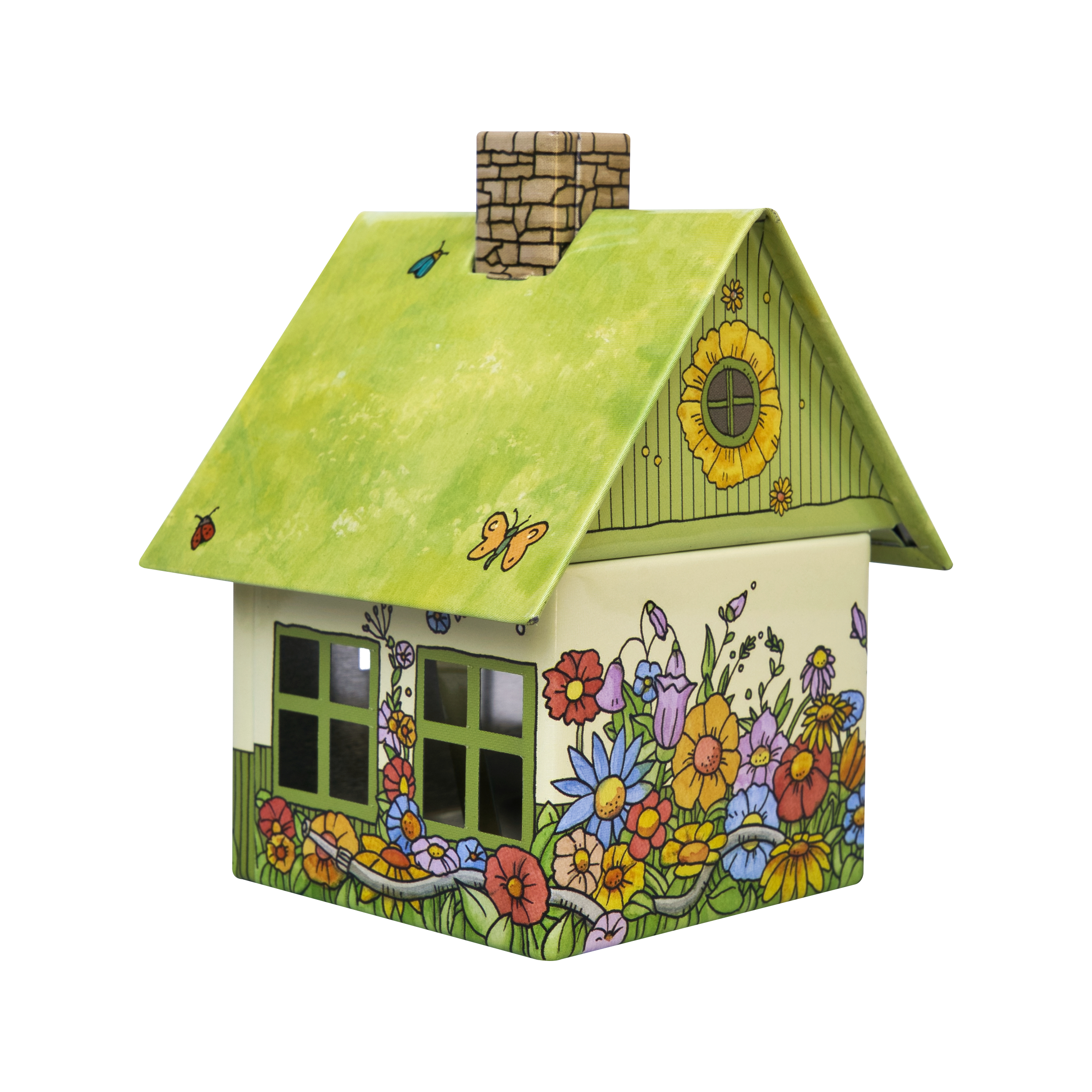 Das Räucherhäuschen Blumenmeer von Original Crottendorfer Räucherkerzen ist ein kleines dekoratives Metallhaus mit grünem Dach, Schornstein und bunten Blumen-, Schmetterlings-, Marienkäfer- und Sonnenblumen-Illustrationen - ideal als Räucherkerzenhalter.