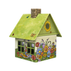 Das Räucherhäuschen Blumenmeer von Original Crottendorfer Räucherkerzen ist ein kleines dekoratives Metallhaus mit grünem Dach, Schornstein und bunten Blumen-, Schmetterlings-, Marienkäfer- und Sonnenblumen-Illustrationen - ideal als Räucherkerzenhalter.