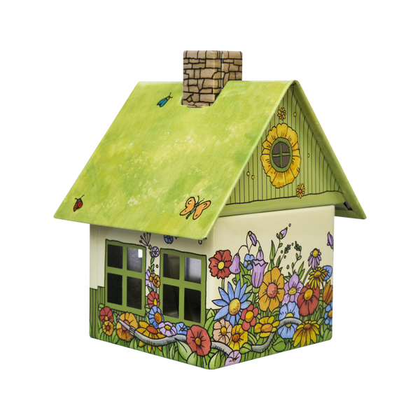 Das Räucherhäuschen Blumenmeer von Original Crottendorfer Räucherkerzen ist ein kleines dekoratives Metallhaus mit grünem Dach, Schornstein und bunten Blumen-, Schmetterlings-, Marienkäfer- und Sonnenblumen-Illustrationen - ideal als Räucherkerzenhalter.