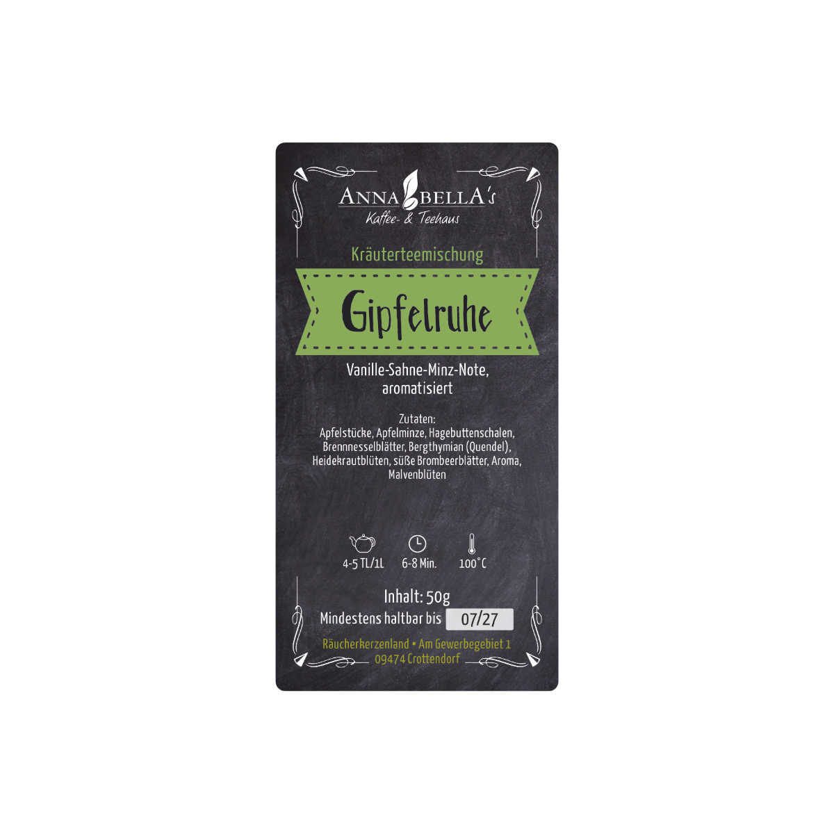 Eine Packung der Kräuterteemischung „Gipfelruhe“ von Original Crottendorfer mit grün-weißer Beschriftung, auf der Zutaten wie Apfel, Hibiskus, Bergthymian, Apfelminze, Minze und weitere aufgeführt sind. Die Packung enthält eine Zubereitungsanleitung und ein Mindesthaltbarkeitsdatum.
