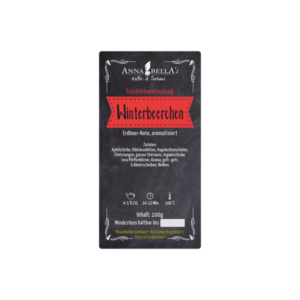 Eine Früchteteemischung "Winterbeerchen" von Original Crottendorfer mit festlicher roter Schrift, Zutaten, Zubereitungsanleitung, 100g Gewicht und Haltbarkeitsangabe.