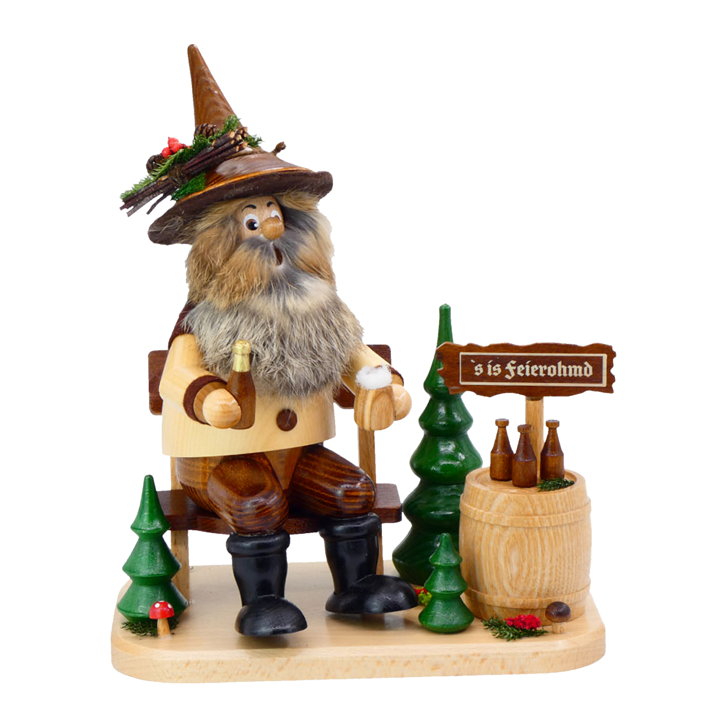 Die Waldwichtel Feierabend auf Bank von DWU Drechselwerkstatt Uhlig ist eine charmante erzgebirgische Holzfigur eines bärtigen Mannes mit Hut auf einer Bank mit einer Bierflasche, Bäumen, einem Fass mit Flaschen und einem 
