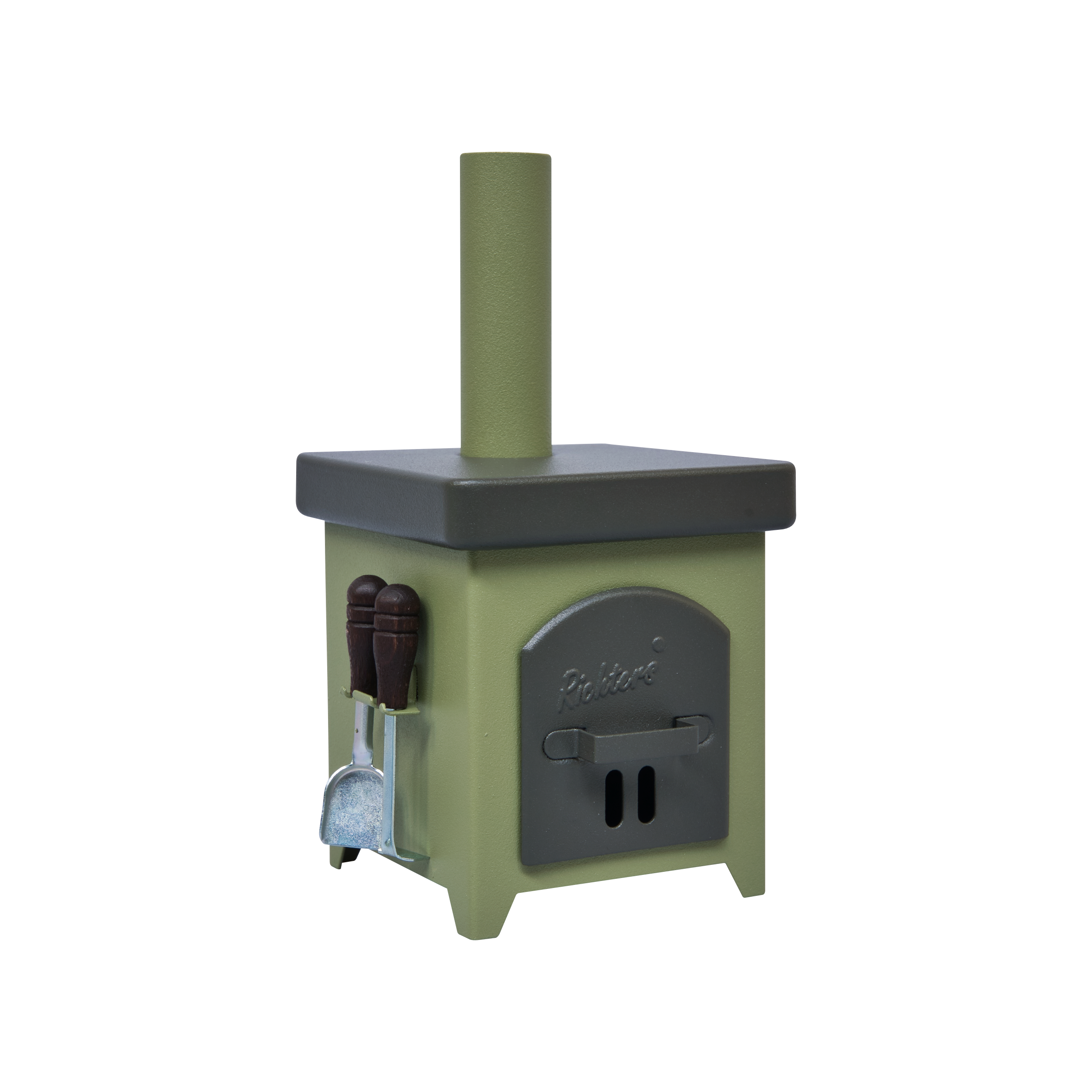Der Räucherofen Hüttenofen von Hartmut Richter ist ein kompakter, quadratischer, olivgrüner Metallofen mit kurzem Schornstein, zweiflügeliger Fronttür und kleinen Aufhängevorrichtungen, der auf einem schlichten weißen Hintergrund abgebildet ist.