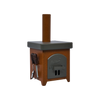 Der Hartmut Richter Räucherofen Hüttenofen ist ein kompakter, brauner Metall-Holzofen mit quadratischem Aufsatz, Schornsteinrohr, belüfteter Tür und seitlich hängendem Kochgeschirr, dargestellt auf einem schlichten weißen Hintergrund.