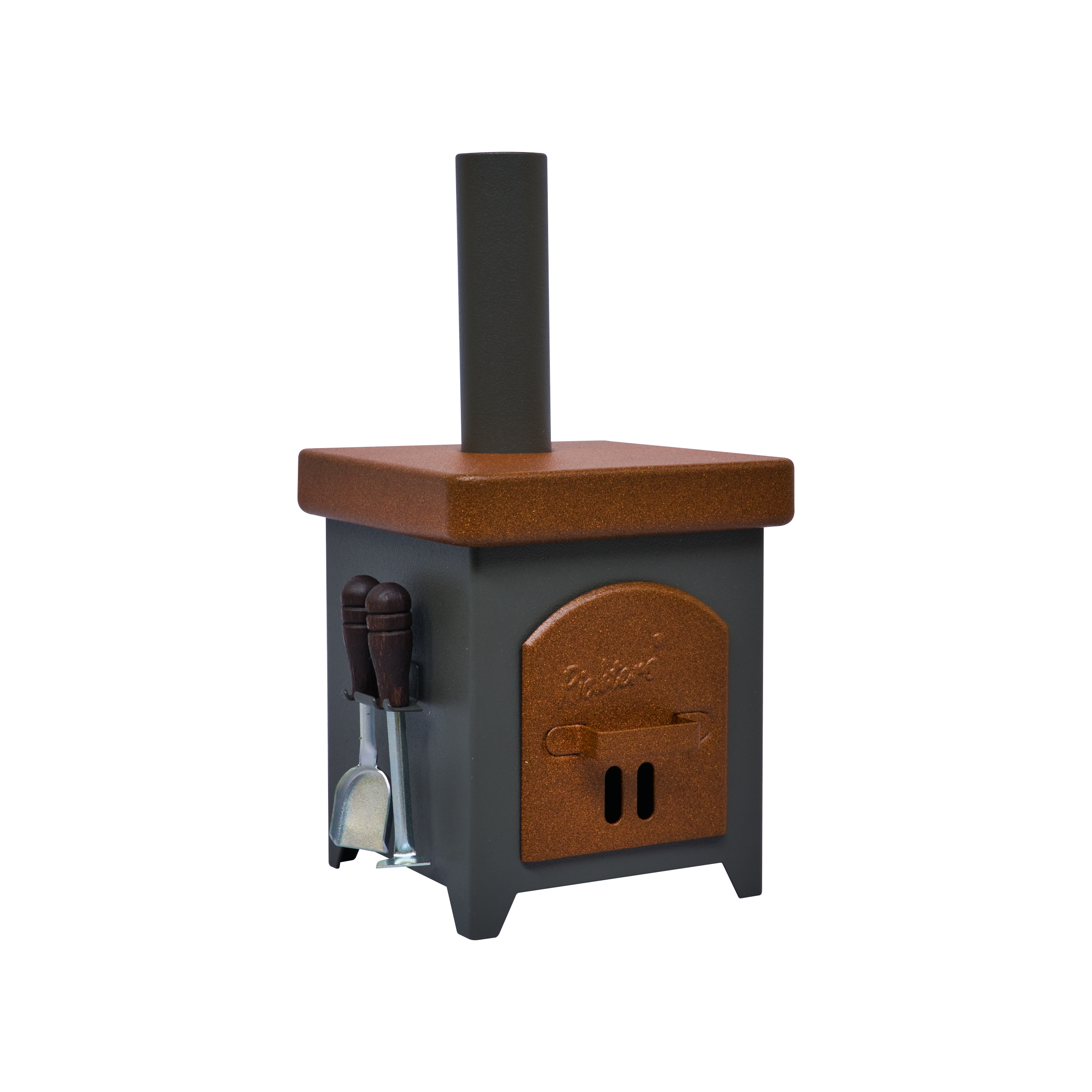 Der Räucherofen Hüttenofen von Hartmut Richter ist ein kompakter, quadratischer Holzofen mit hohem Schornstein, brauner Oberseite und Tür, schwarzem Korpus und seitlichen Utensilien - ideal für den funktionalen Räucherbedarf - auf einem schlichten weißen Hintergrund.