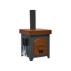 Der Räucherofen Hüttenofen von Hartmut Richter ist ein kompakter, quadratischer Holzofen mit hohem Schornstein, brauner Oberseite und Tür, schwarzem Korpus und seitlichen Utensilien - ideal für den funktionalen Räucherbedarf - auf einem schlichten weißen Hintergrund.