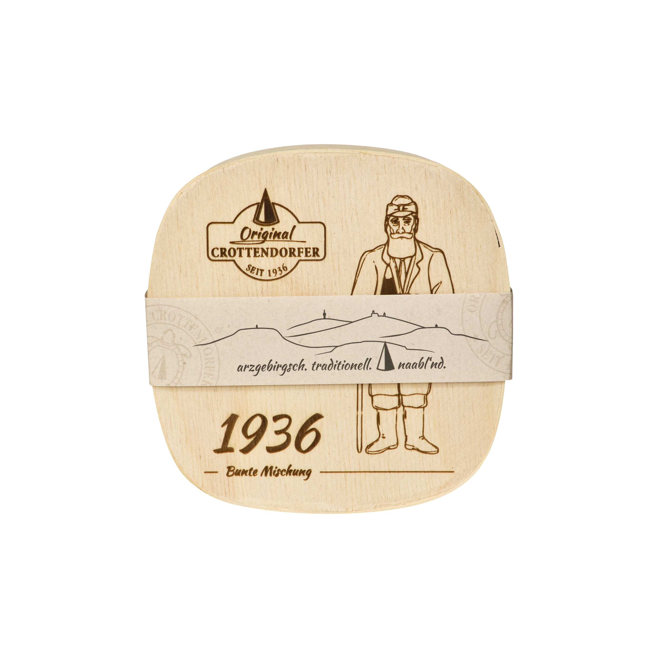 Die „Spanschachtel 1936“ von Original Crottendorfer Räucherkerzen ist eine quadratische Holzschachtel mit einer Zeichnung eines Mannes in traditioneller Tracht, einer Bergkette sowie den Aufschriften „Original Crottendorfer“, „1936“ und „erzgebirgisch. traditionell. maßlind.“ – ein bezauberndes Geschenkset mit Räucherzubehör, ideal für Sammler oder als außergewöhnliches Geschenk.