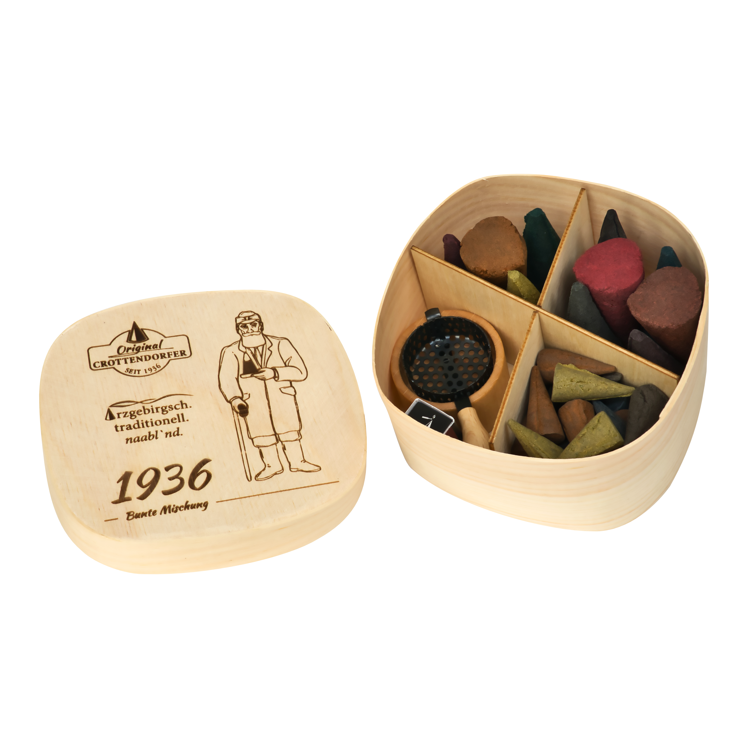 Die „Spanschachtel 1936“ von Original Crottendorfer Räucherkerzen ist eine Holzschachtel mit Deckel, auf der ein Mann und die Jahreszahl 1936 eingraviert sind. Sie ist mit bunten Räucherkegeln sowie einem unterteilten Metallhalter gefüllt – und damit ein ideales Geschenkset mit Räucherzubehör.