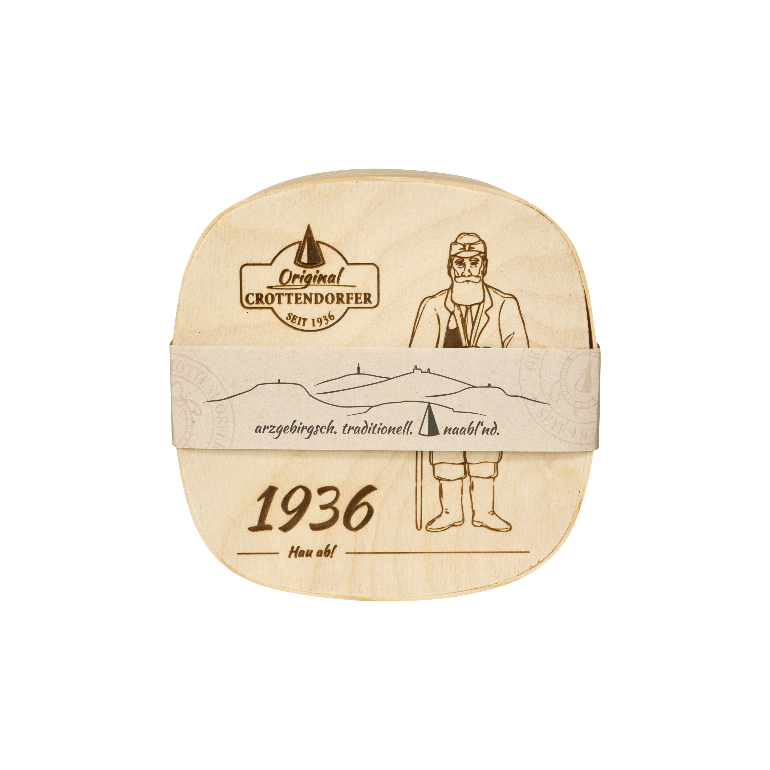 Die „Spanschachtel 1936“ von Original Crottendorfer Räucherkerzen ist eine Käsebox aus Holz, deren Vorderseite mit einer detailreichen Illustration eines Mannes in traditioneller Tracht, Bergsilhouetten und der Jahreszahl 1936 verziert ist, ergänzt durch deutsche Sprüche, die die Tradition des Erzgebirges würdigen. Diese bezaubernde Schachtel eignet sich ideal als Räucherzubehör oder als Teil eines unverwechselbaren Geschenksets.