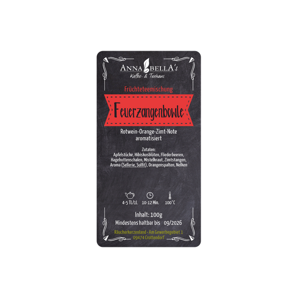 Eine Packung Original Crottendorfer Früchteteemischung "Feuerzangenbowle" zeigt rot-weiße Schrift, Zutatenliste, Zubereitungshinweise, 100g Nettogewicht und ein Mindesthaltbarkeitsdatum von 09/2026 für diese aromatische Winterfrüchteteemischung.