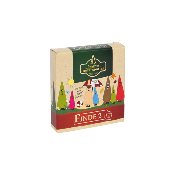 Die Räucherkegel Spiel „Finde2“ von Brettschneider Verpackungen GmbH zeigen ein Memospiel-Motiv mit kegelförmigen Figuren in Hüten. Auf der Oberseite ist ein Logo zu sehen, auf der Vorderseite lädt „Finde 2“ zum Spielen ein. Die lebendigen Grün- und Rottöne unterstreichen das verspielte Bildpaare-Design.