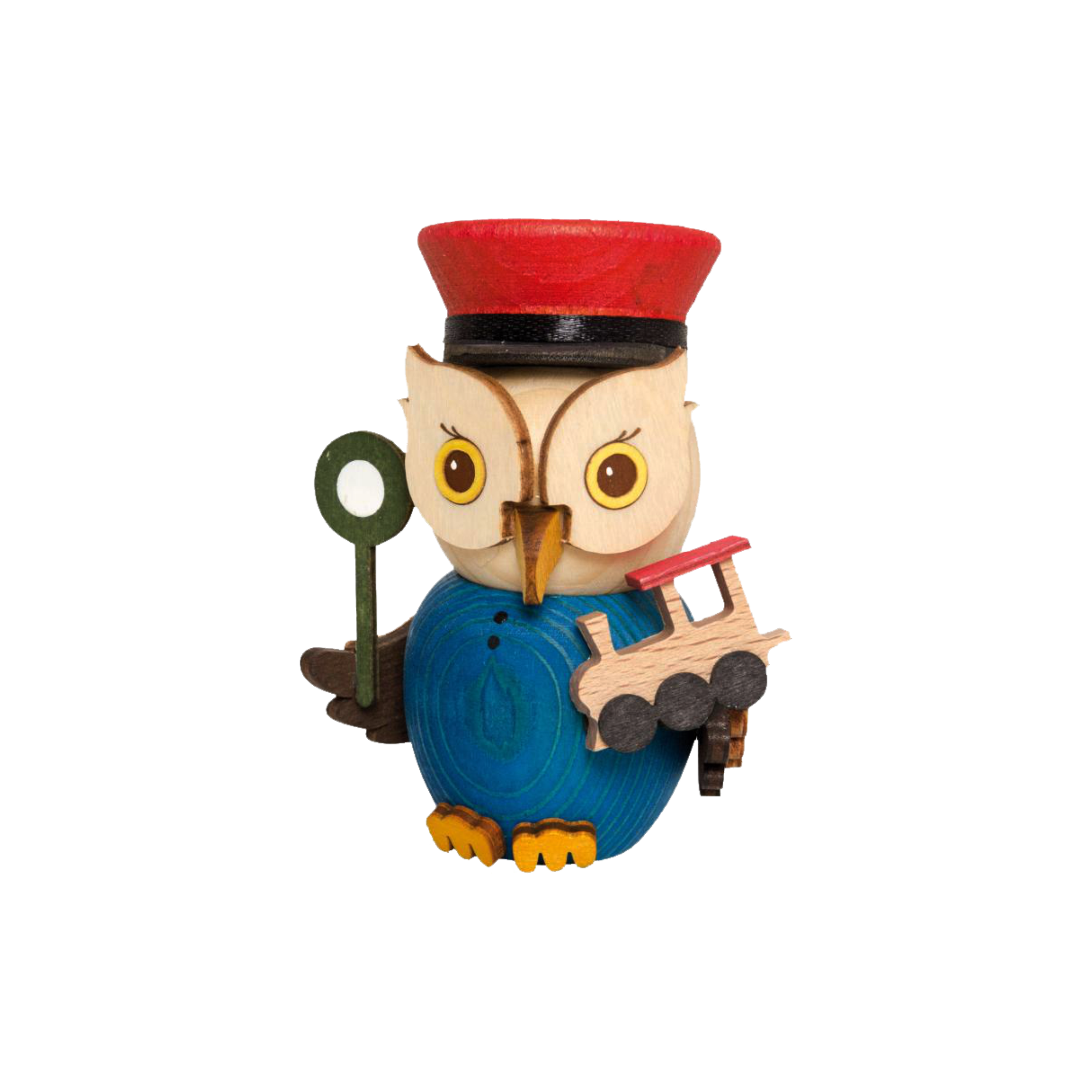 Die MINI Eule Eisenbahner von Drechslerei Kuhnert ist eine bezaubernde Eulenfigur aus Holz, die als Zugführer verkleidet ist. Sie hat einen blauen Körper, eine rot-schwarze Mütze und hält eine Spielzeugeisenbahn und eine grüne Signalscheibe. Perfekt für Fans von Handarbeit.