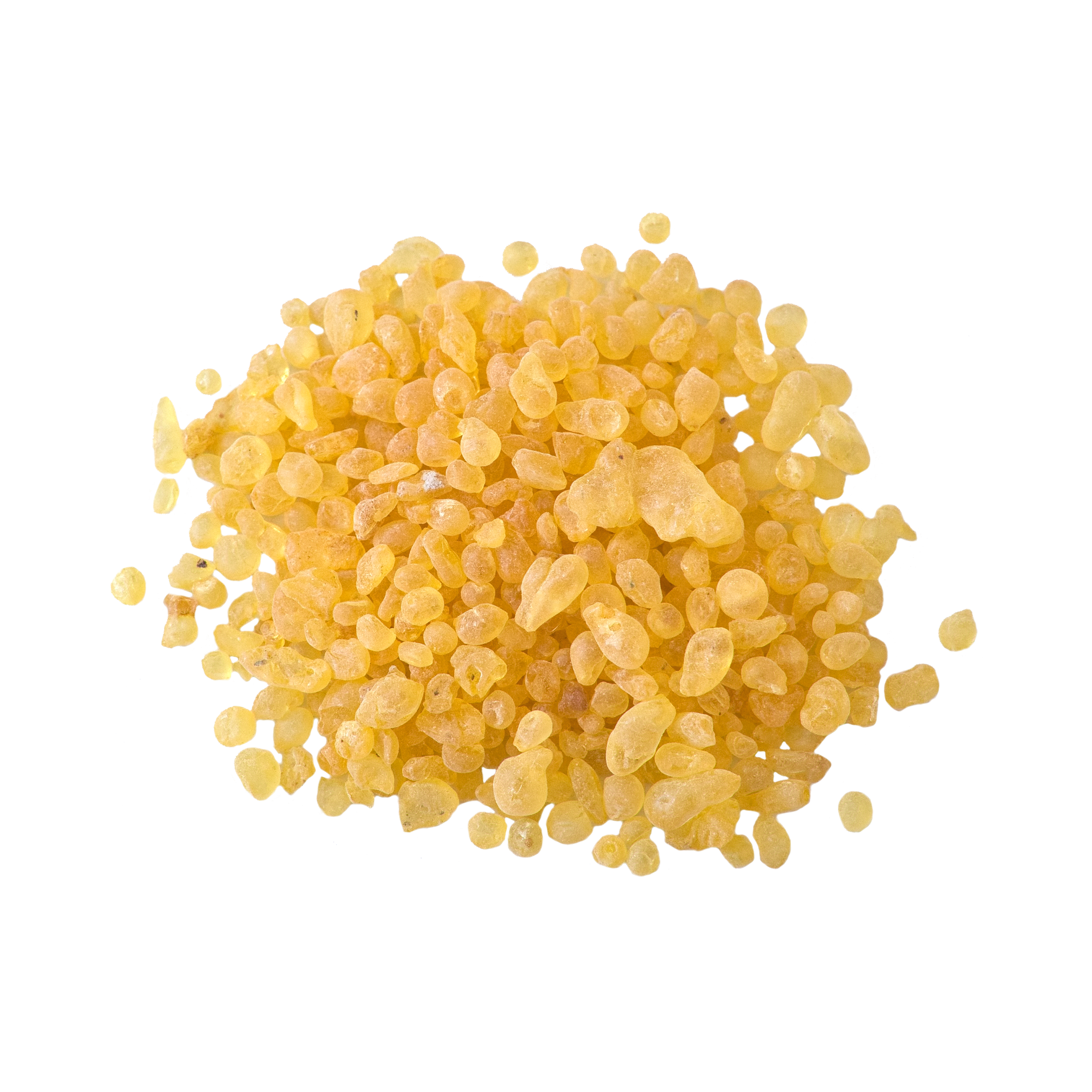 Mastix in der Schraubdeckeldose von Original Crottendorfer Räucherkerzen – gelbe, unregelmäßig geformte Körnchen, ideal für griechische Räuchermischungen, verstreut auf weißem Hintergrund.