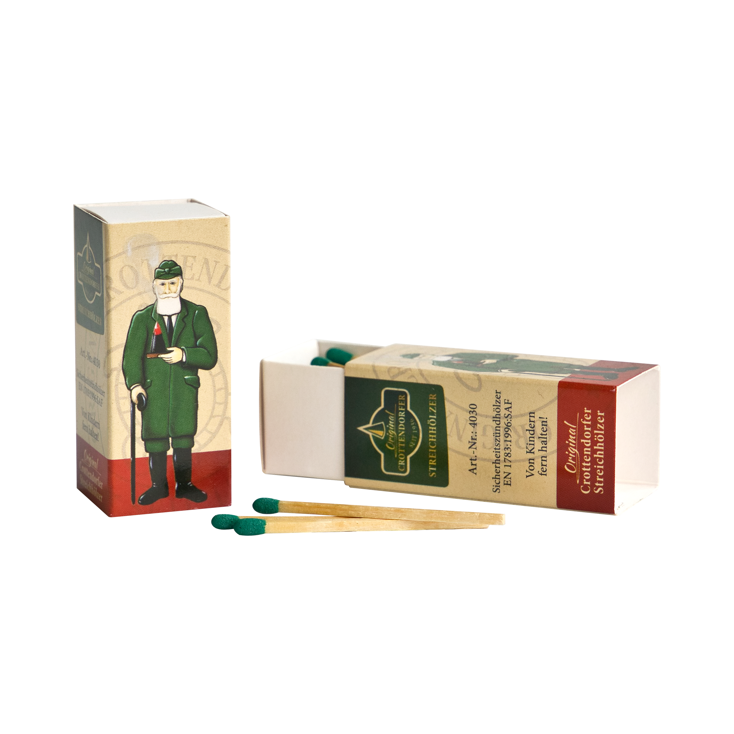 Zu sehen sind zwei Streichholzschachteln der Marke „Original Crottendorfer“ – im klassischen Design mit der Abbildung eines Mannes in grüner Uniform; eine Schachtel steht aufrecht, während die andere offen liegt und den Blick auf die darin teilweise sichtbaren Sicherheitsstreichhölzer mit grünen Spitzen freigibt, wobei zwei Streichhölzer vorne liegen.