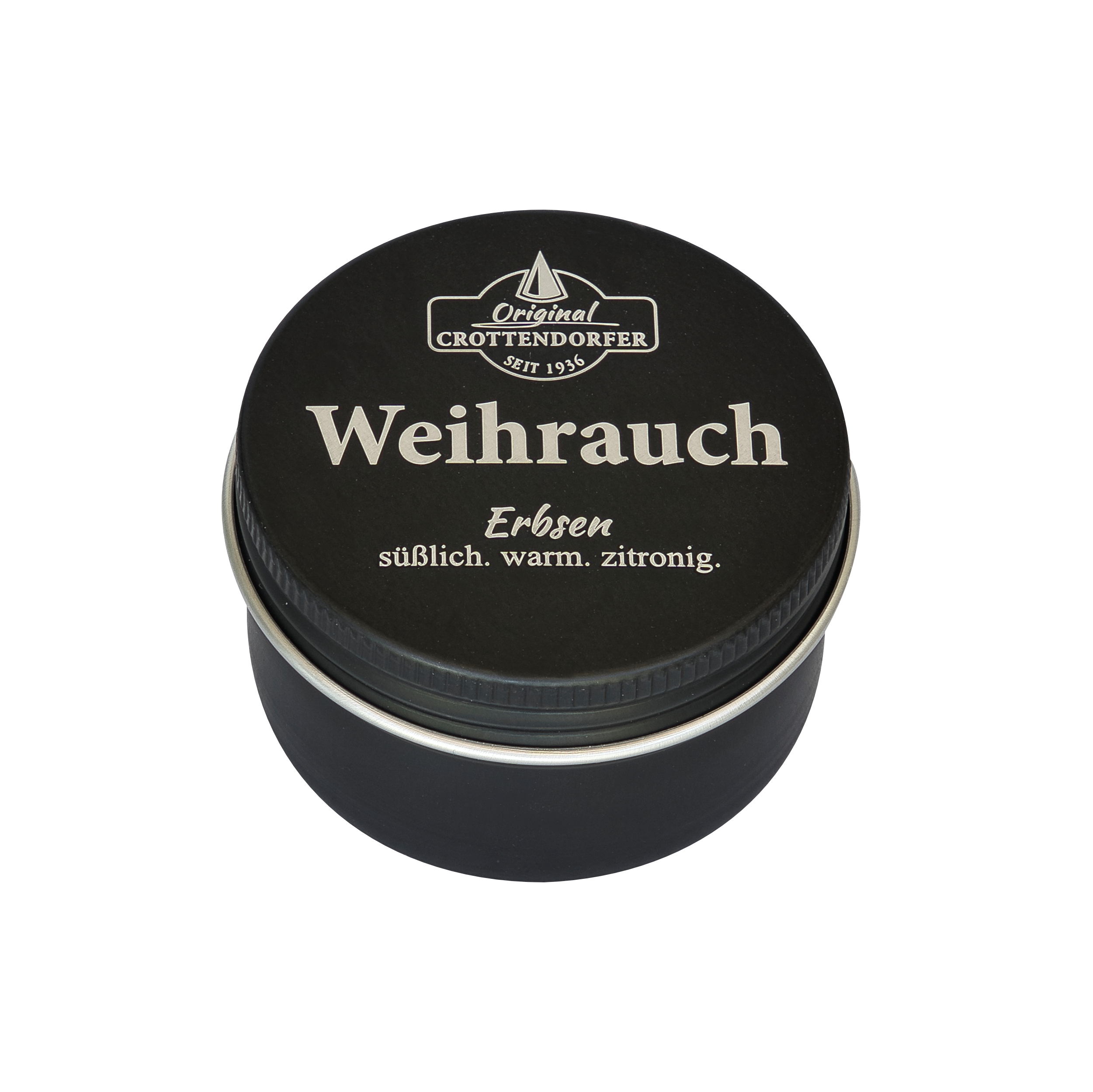 Eine schwarze Blechdose mit der Aufschrift „Weihrauch in der Schraubdeckeldose“ von Original Crottendorfer Räucherkerzen, ideal für Räucherwerk und Meditation, mit den Begriffen „süßlich“, „warm“ und „zitronig“ auf dem Deckel, steht vor einem weißen Hintergrund.