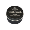 Eine schwarze Blechdose mit der Aufschrift „Weihrauch in der Schraubdeckeldose“ von Original Crottendorfer Räucherkerzen, ideal für Räucherwerk und Meditation, mit den Begriffen „süßlich“, „warm“ und „zitronig“ auf dem Deckel, steht vor einem weißen Hintergrund.