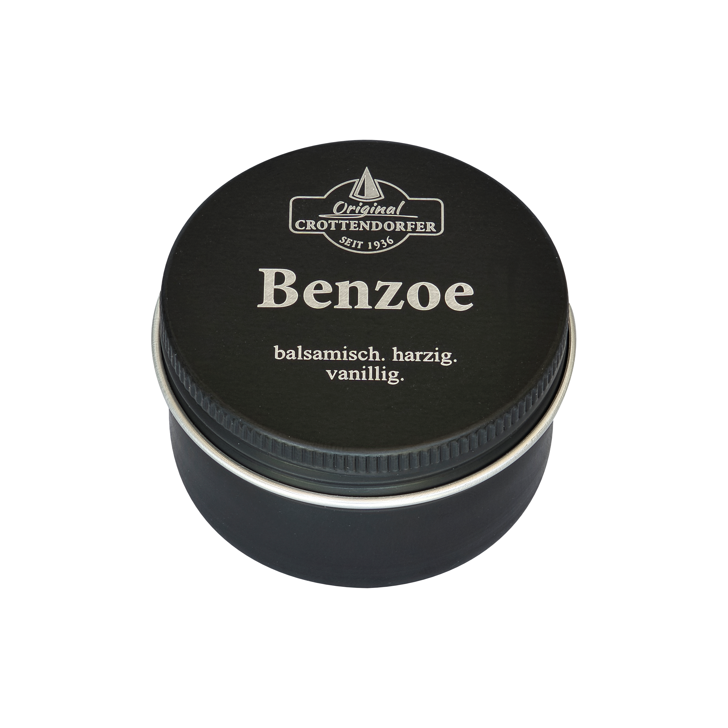 Eine schwarze, runde Dose mit der Aufschrift „Benzoe in der Schraubdeckeldose“ von Original Crottendorfer Räucherkerzen mit balsamischen, harzigen und vanilligen Noten, ideal zum Räuchern mit echtem Benzoeharz und zartem Vanilleduft. Abgebildet auf weißem Hintergrund.