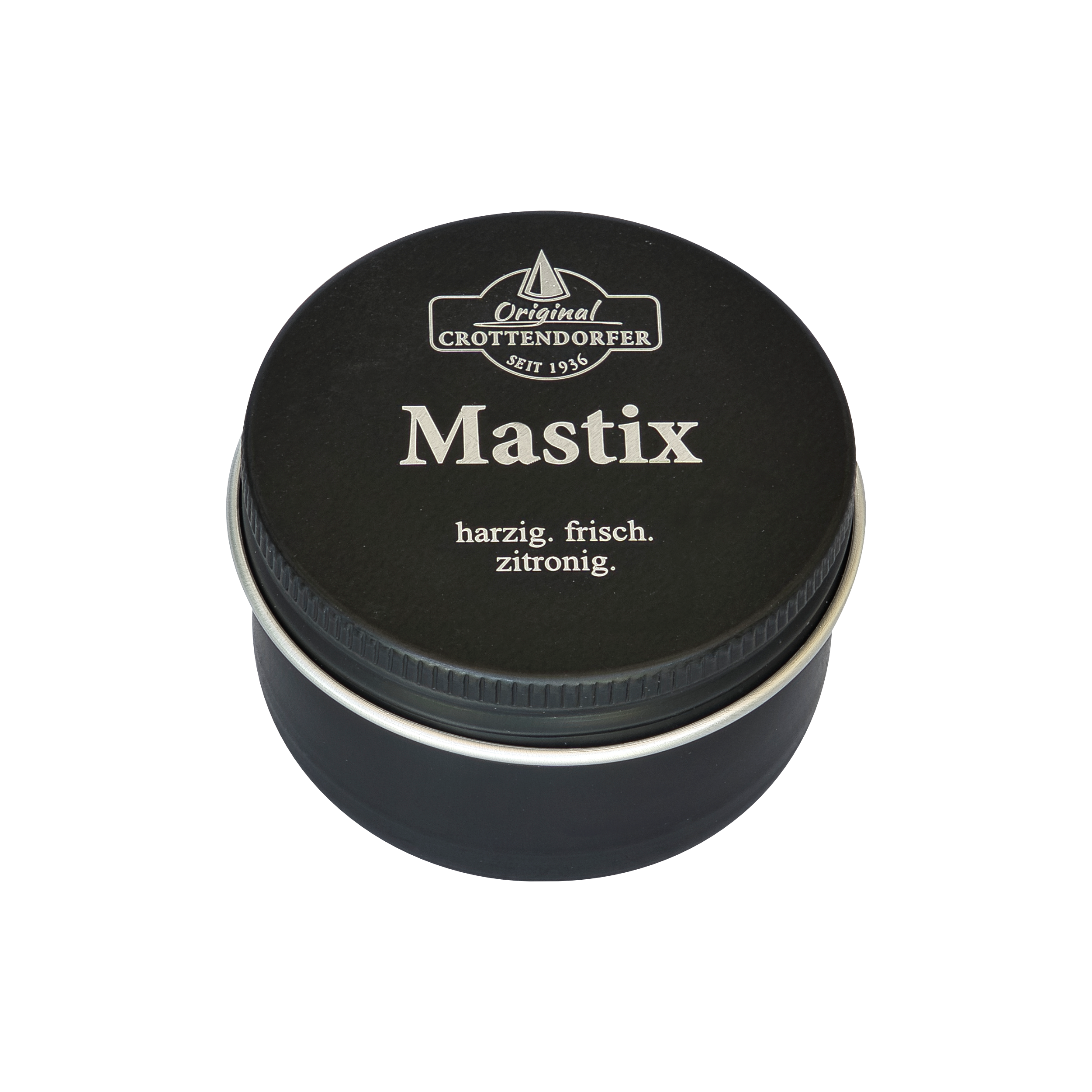 Eine runde schwarze Blechdose mit silbernem Rand und der Aufschrift „Mastix in der Schraubdeckeldose“ von Original Crottendorfer Räucherkerzen besticht durch ihr minimalistisches Design. Diese griechische Räuchermischung ist harzig, frisch und zitronig.