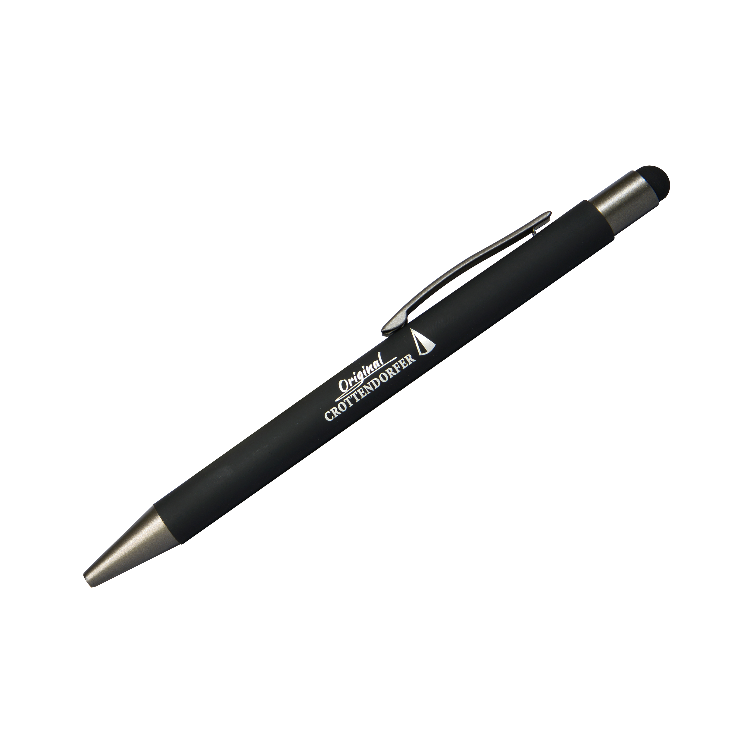 Original Crottendorfer Kugelschreiber mit Touchpen, schwarz, mit silberner Spitze, Clip und weißem Original Crottendorfer-Schriftzug auf dem Schaft. Hintergrund: schlichtes Weiß.