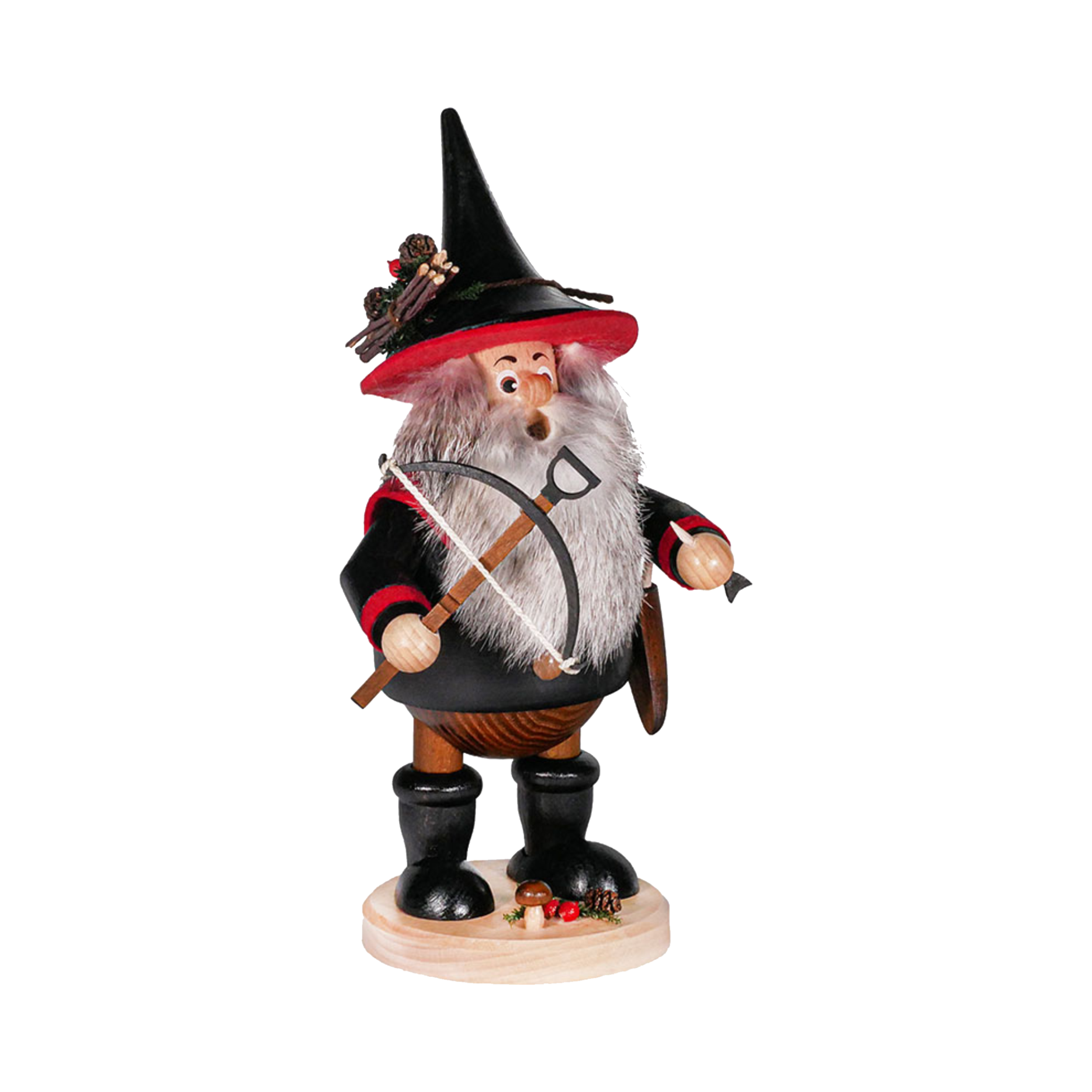 Der Räuberwichtel Armbrust schwarz/rot von DWU Drechselwerkstatt Uhlig ist eine hölzerne Räucherfigur eines bärtigen Mannes mit schwarzem Spitzhut und rotem Mantel mit Armbrust, die auf einem mit Pilzen und Eicheln verzierten Rundsockel steht.