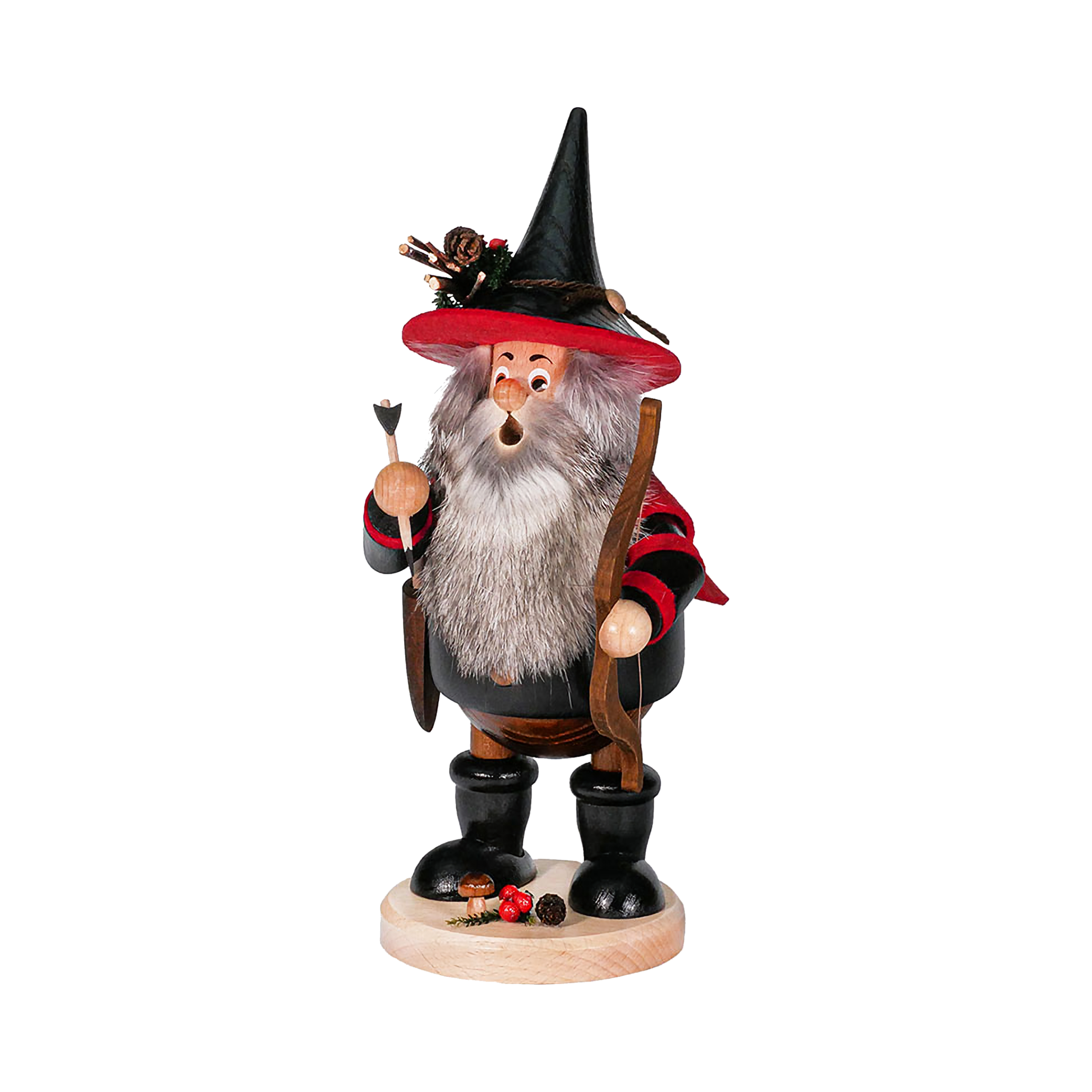 Der Räuberwichtel Bogen schwarz/rot von DWU Drechselwerkstatt Uhlig zeigt eine bärtige Holzfigur in rot-schwarzer Tracht, mit Pfeil und Bogen, gefertigt in original erzgebirgischer Volkskunsttradition.