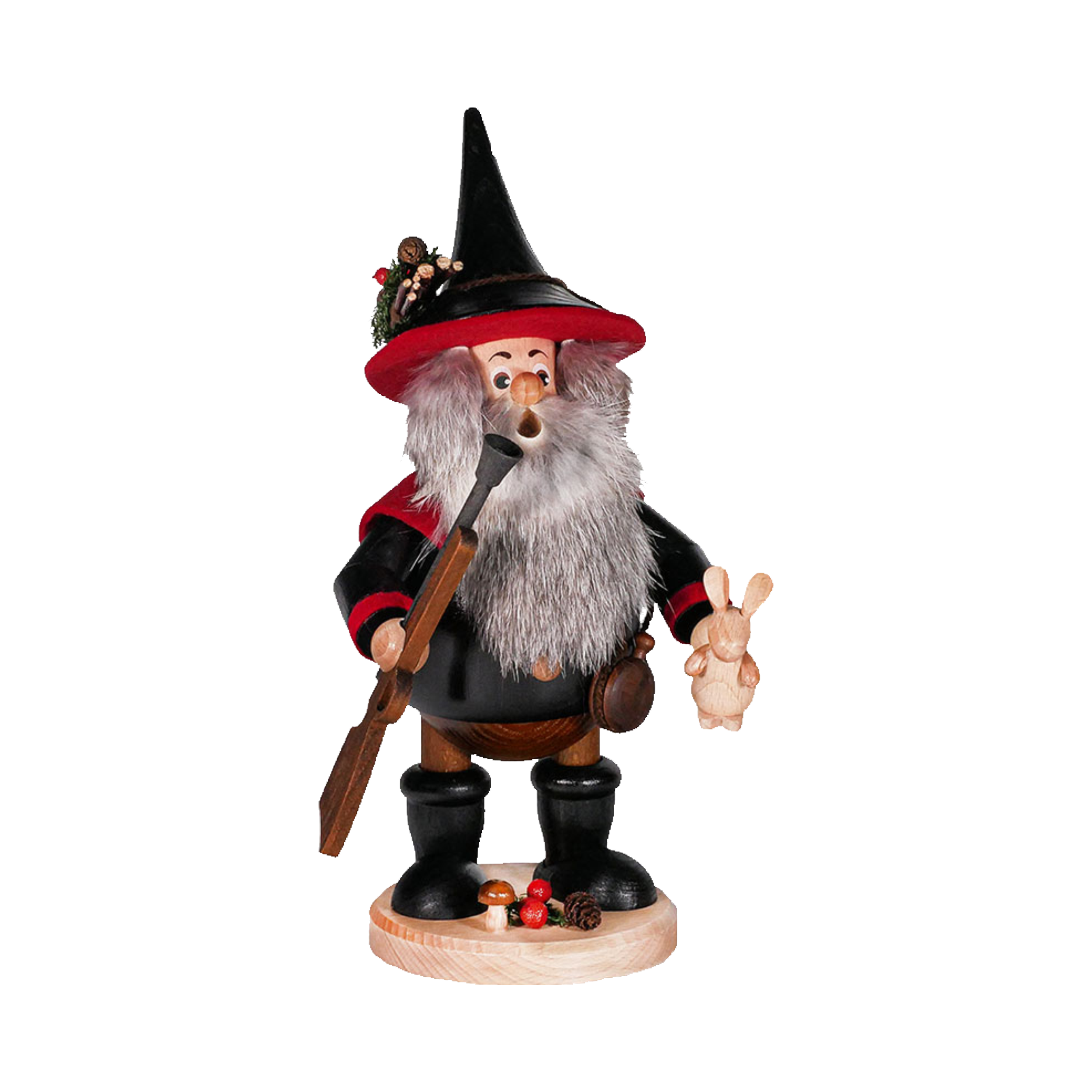 Die DWU Drechselwerkstatt Uhlig Räuberwichtel Wilderer schwarz/rot ist eine Holzfigur eines bärtigen Mannes in schwarz-roter Tracht auf einem runden Sockel mit Pilzen und Tannenzapfen, der die traditionelle erzgebirgische Volkskunst widerspiegelt.
