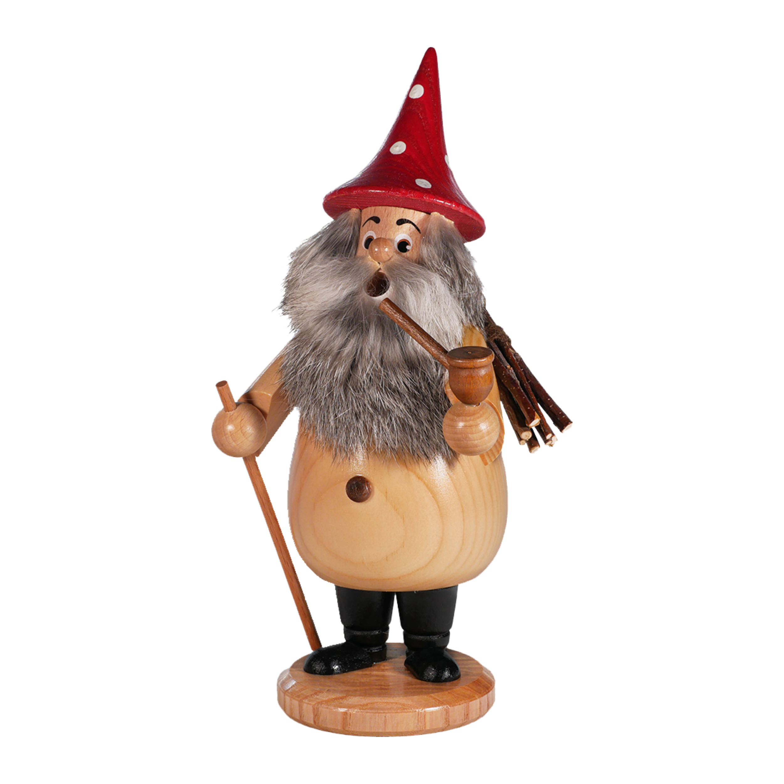 Der Wurzelzwerg natur Hut rot der DWU Drechselwerkstatt Uhlig zeigt eine Holzfigur mit rotem Hut, grauem Bart, Schnurrbart, Spazierstock und Pfeife auf einem runden Sockel - gefertigt in erzgebirgischer Volkskunst-Handwerkstradition.