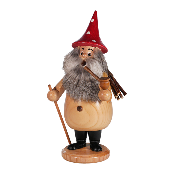 Der Wurzelzwerg natur Hut rot der DWU Drechselwerkstatt Uhlig zeigt eine Holzfigur mit rotem Hut, grauem Bart, Schnurrbart, Spazierstock und Pfeife auf einem runden Sockel - gefertigt in erzgebirgischer Volkskunst-Handwerkstradition.