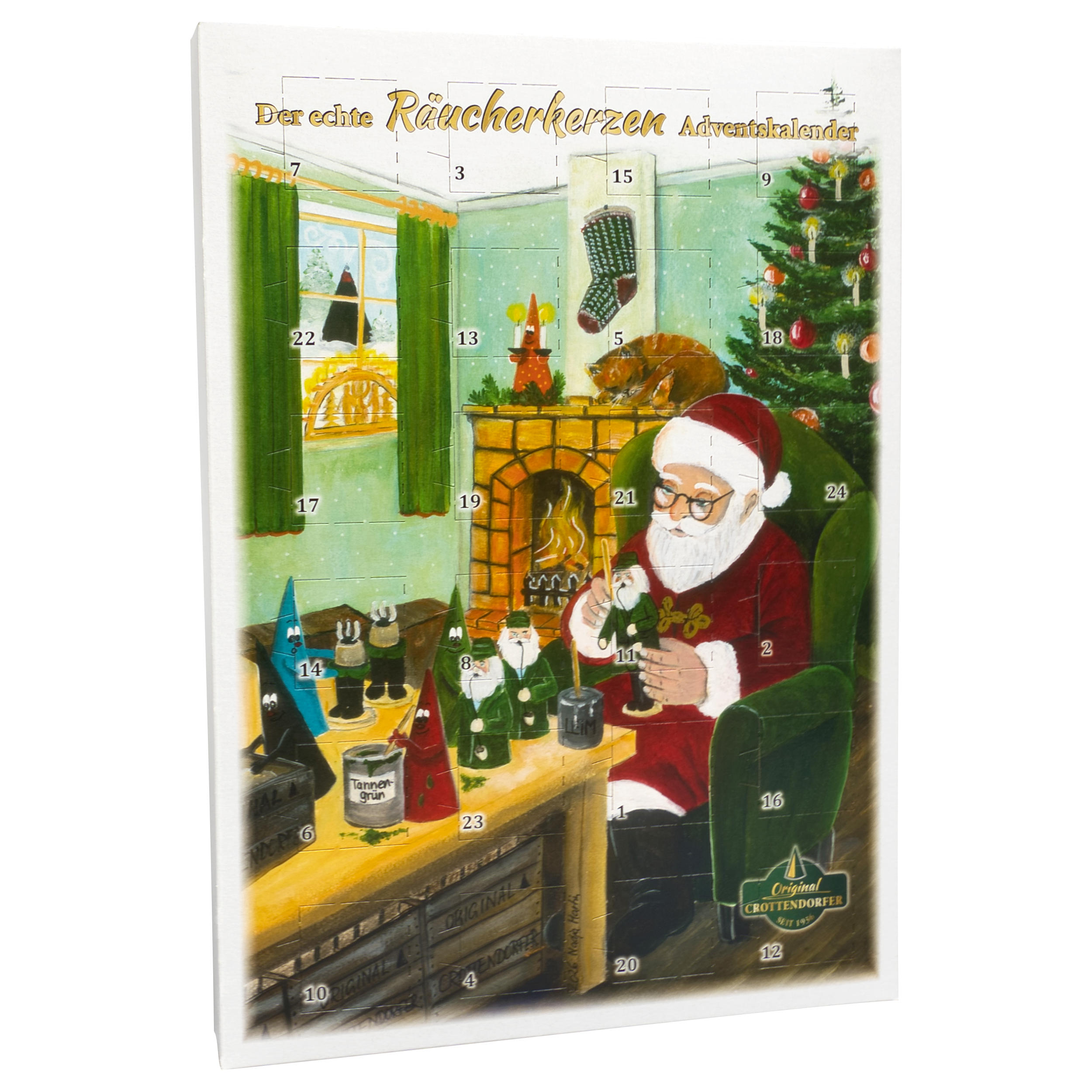 Der Weihnachtsmann sitzt in einem gemütlichen Zimmer mit Weihnachtsbaum am Kamin und bastelt traditionelle Räucherkegel und Figuren. Inspiriert von erzgebirgischen Weihnachtsbräuchen ziert diese Szene den „Räucherkerzen-Adventskalender 2026 – Hochformat“ von Original Crottendorfer Räucherkerzen, einen Adventskalender mit nummerierten Türchen.